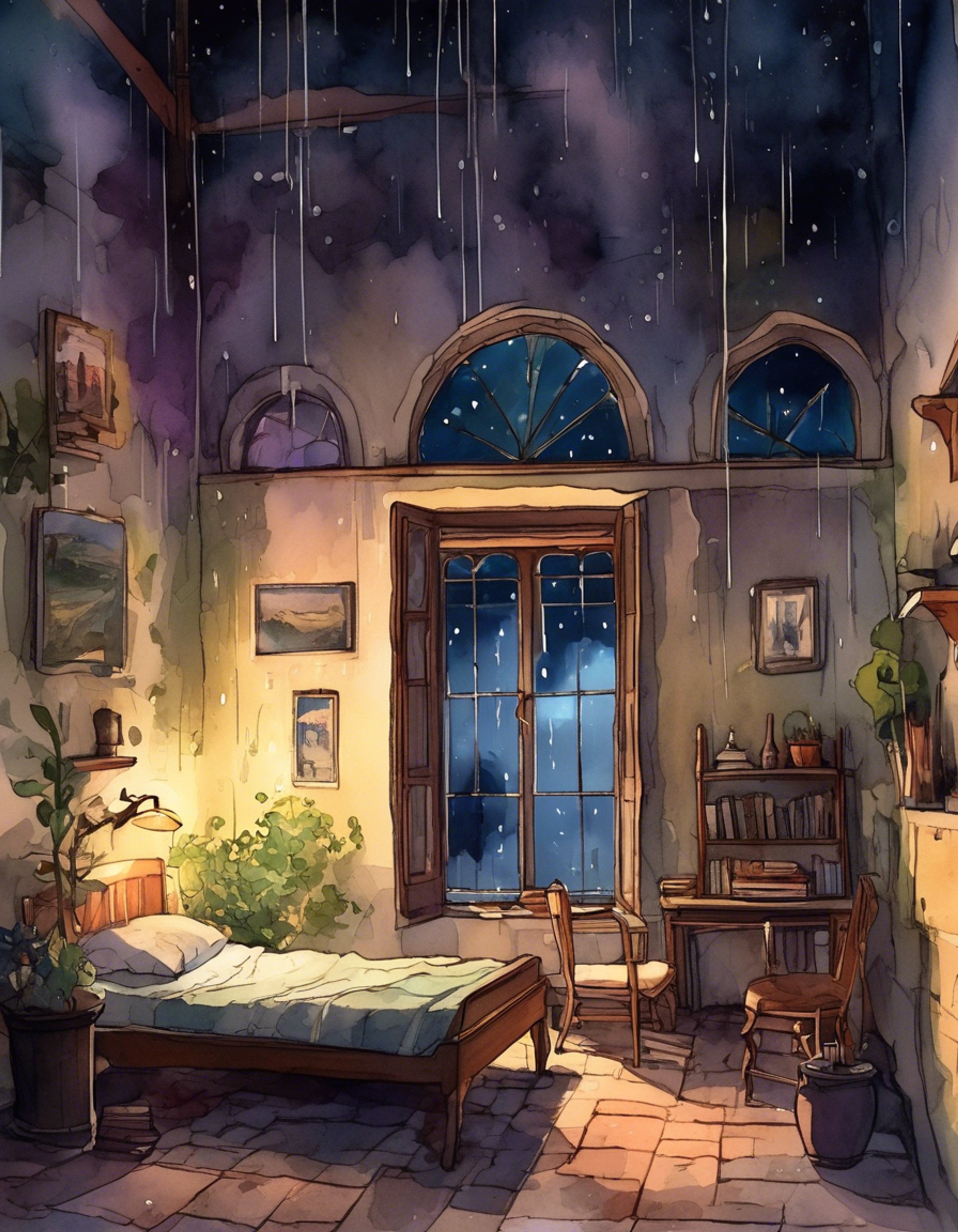 In a dimly lit dorm room at Garreg Mach Monastery, as thunder crashes and rain pelts the windows.