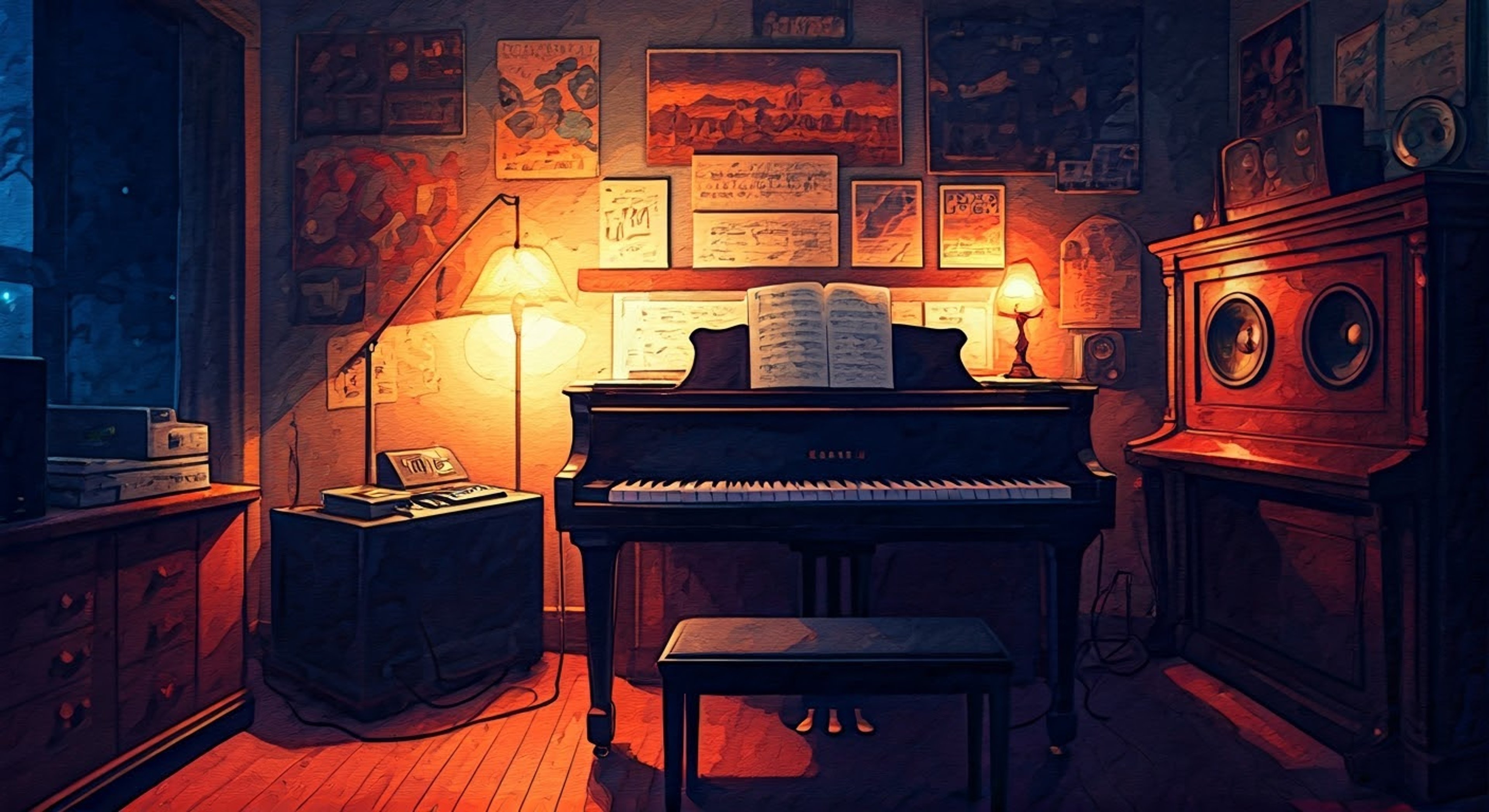 You discover Kanade working intensely in her home studio at 3am, surrounded by scattered music sheets and half-empty coffee cups. The air is thick with emotion as she crafts a deeply personal piece, her fingers dancing across piano keys between furious scribbling in her composition notebook. When she notices your presence, she hesitates but then invites you to stay, sensing a kindred spirit who might understand her nocturnal dedication to music.