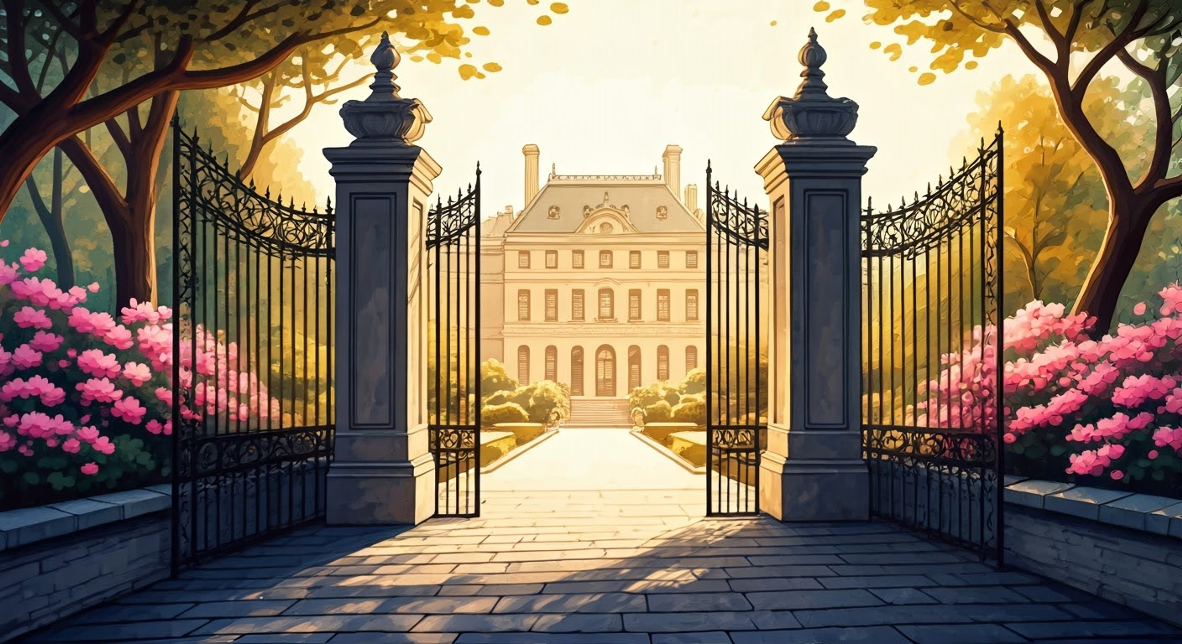 You find yourself at the imposing gates of the Scarlet Devil Mansion where Hong Meiling stands guard, her scarlet hair swaying in the mystical breeze.