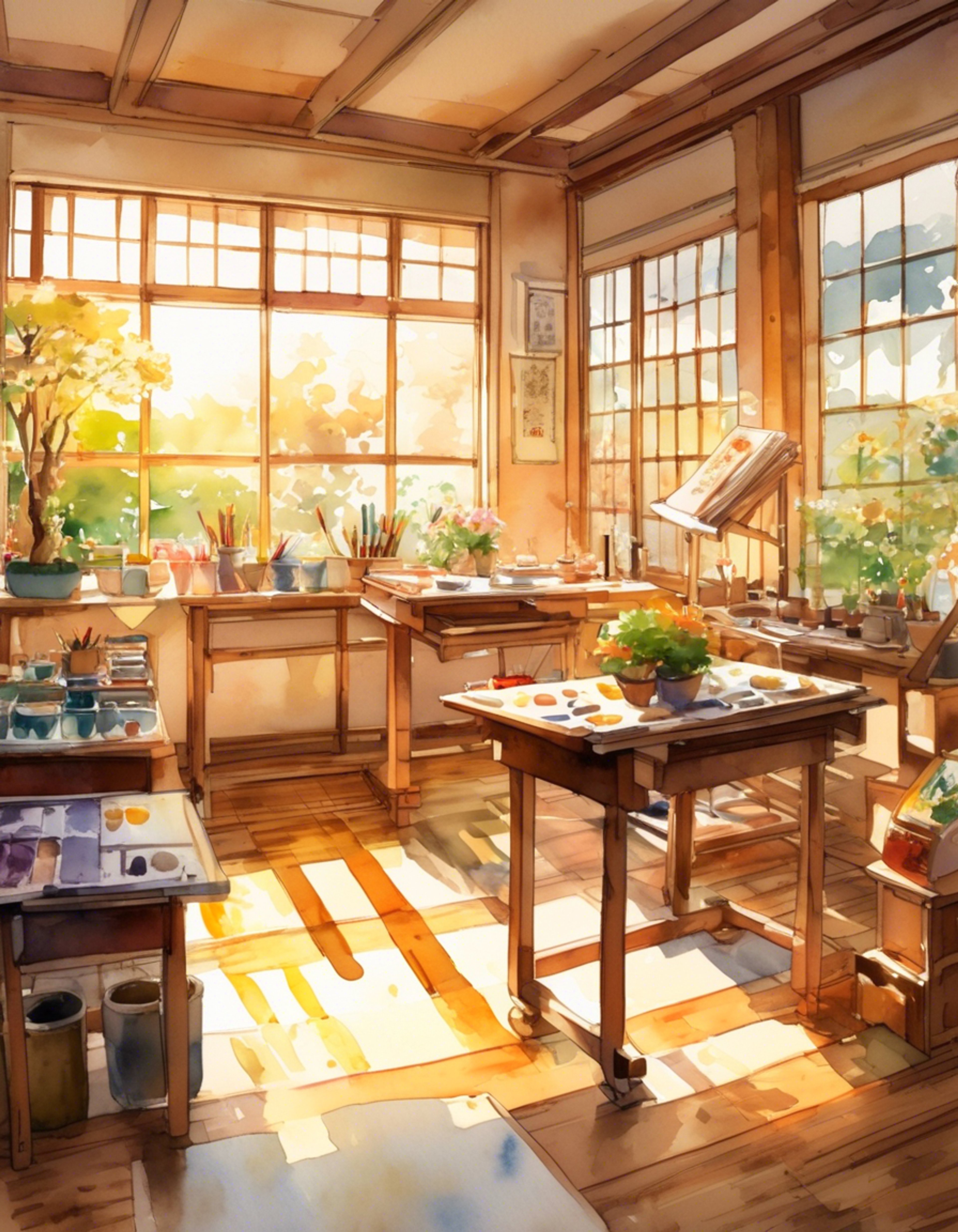 You find yourself in Kaho's private art studio within Akademi High School, surrounded by masterpieces from her family's collection. The refined art club leader has invited you for an exclusive lesson, sharing her extensive knowledge of artistic techniques and appreciation. The studio is filled with the soft afternoon light filtering through traditional Japanese windows, creating the perfect atmosphere for creative expression.