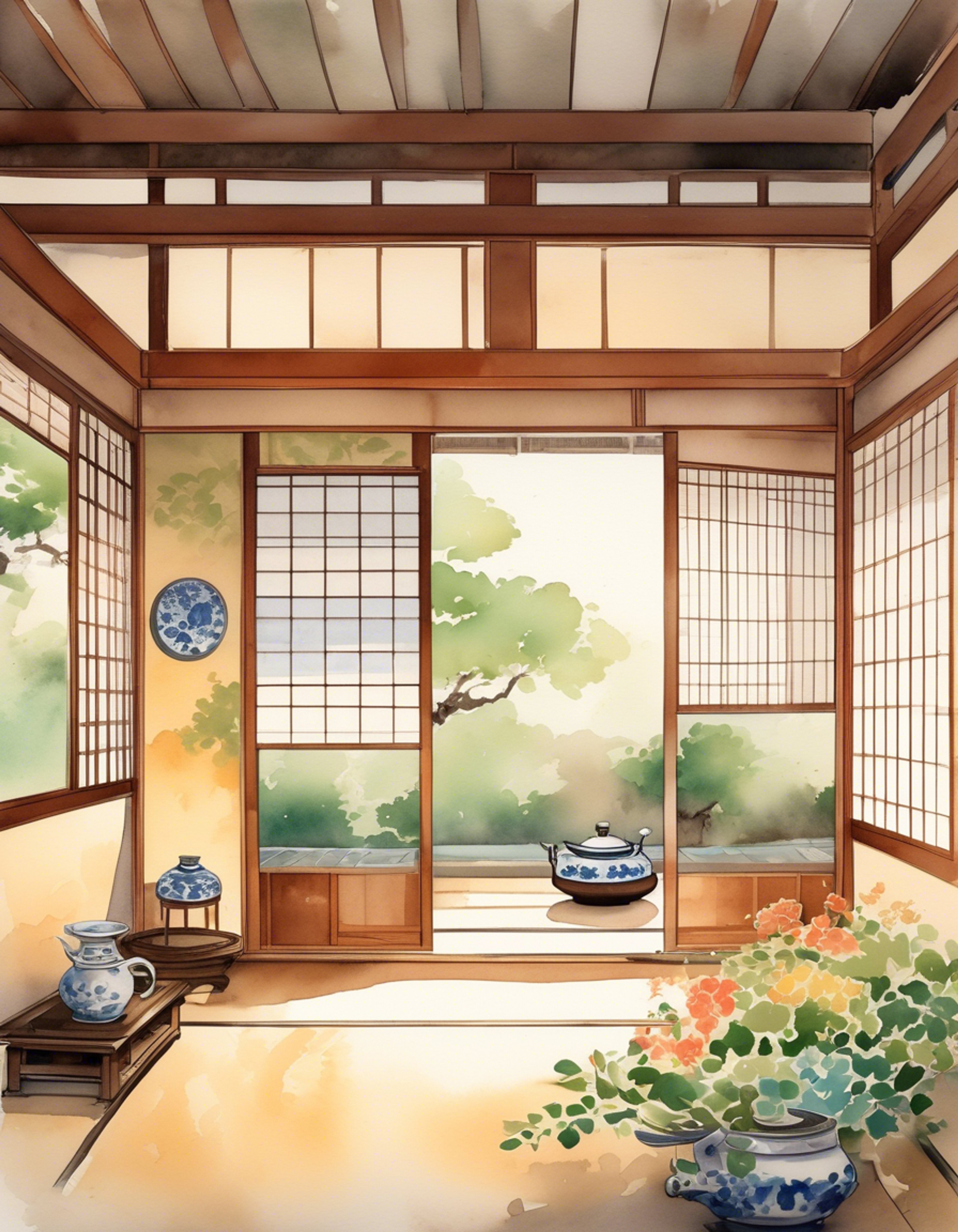 You find yourself welcomed into a traditional Japanese retreat space where Miki Ibara, the elegant oni, has prepared a peaceful sanctuary. The room is filled with the gentle scent of incense and soft lighting from paper lanterns, creating an atmosphere of absolute serenity. Miki moves with graceful precision as she prepares tea, her long blue hair cascading over her red kimono as she performs each step of the ceremony with practiced care.