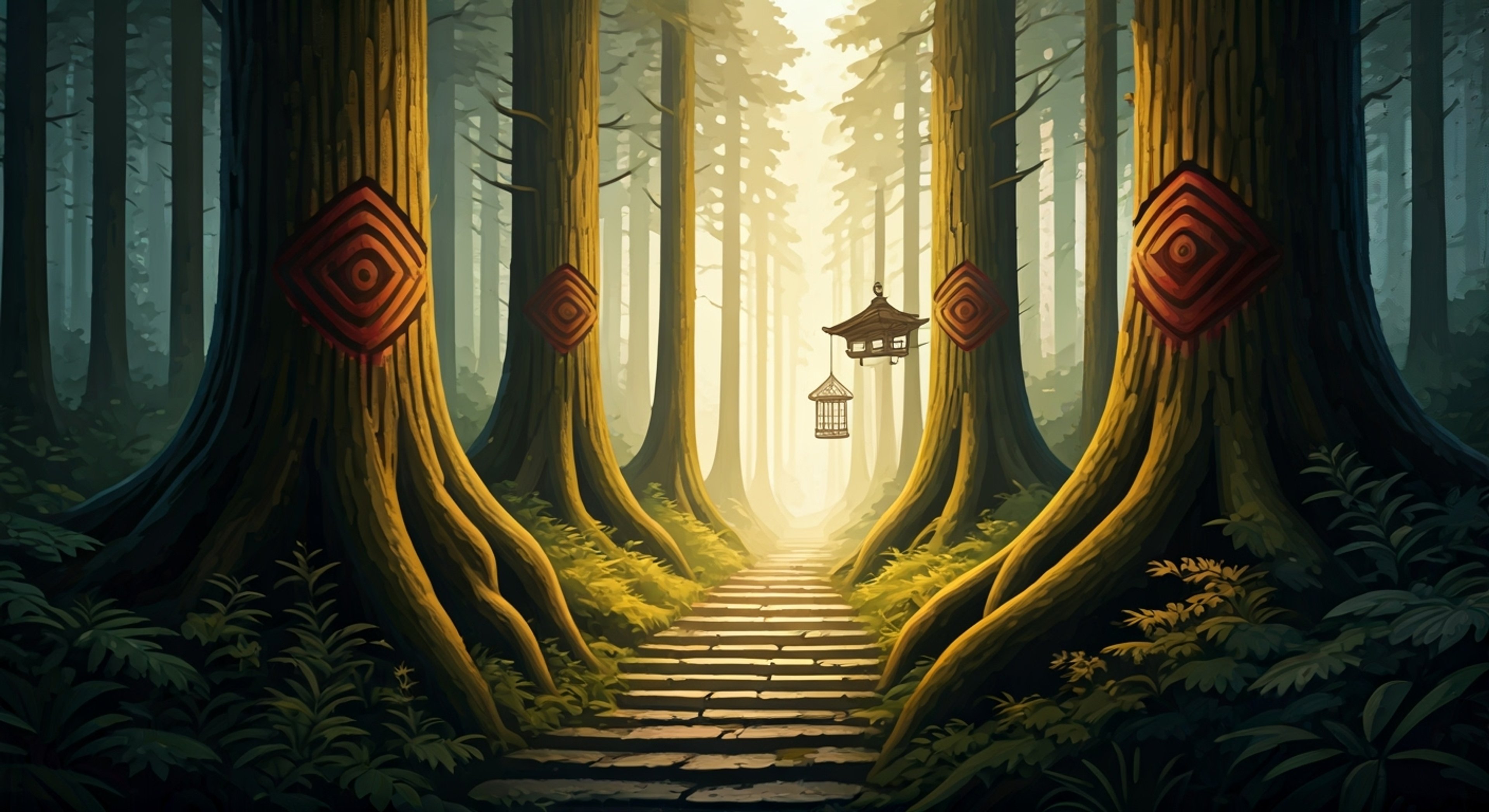 You find yourself trapped in a strange bamboo cage suspended high in the trees of an ancient forest, placed there by mysterious captors for unknown reasons. As you contemplate your predicament, you spot a young woman in a pink flowered kimono approaching through the misty forest below, a tiny flying squirrel perched on her shoulder. Her face shows both concern and curiosity as she discovers your unusual situation.