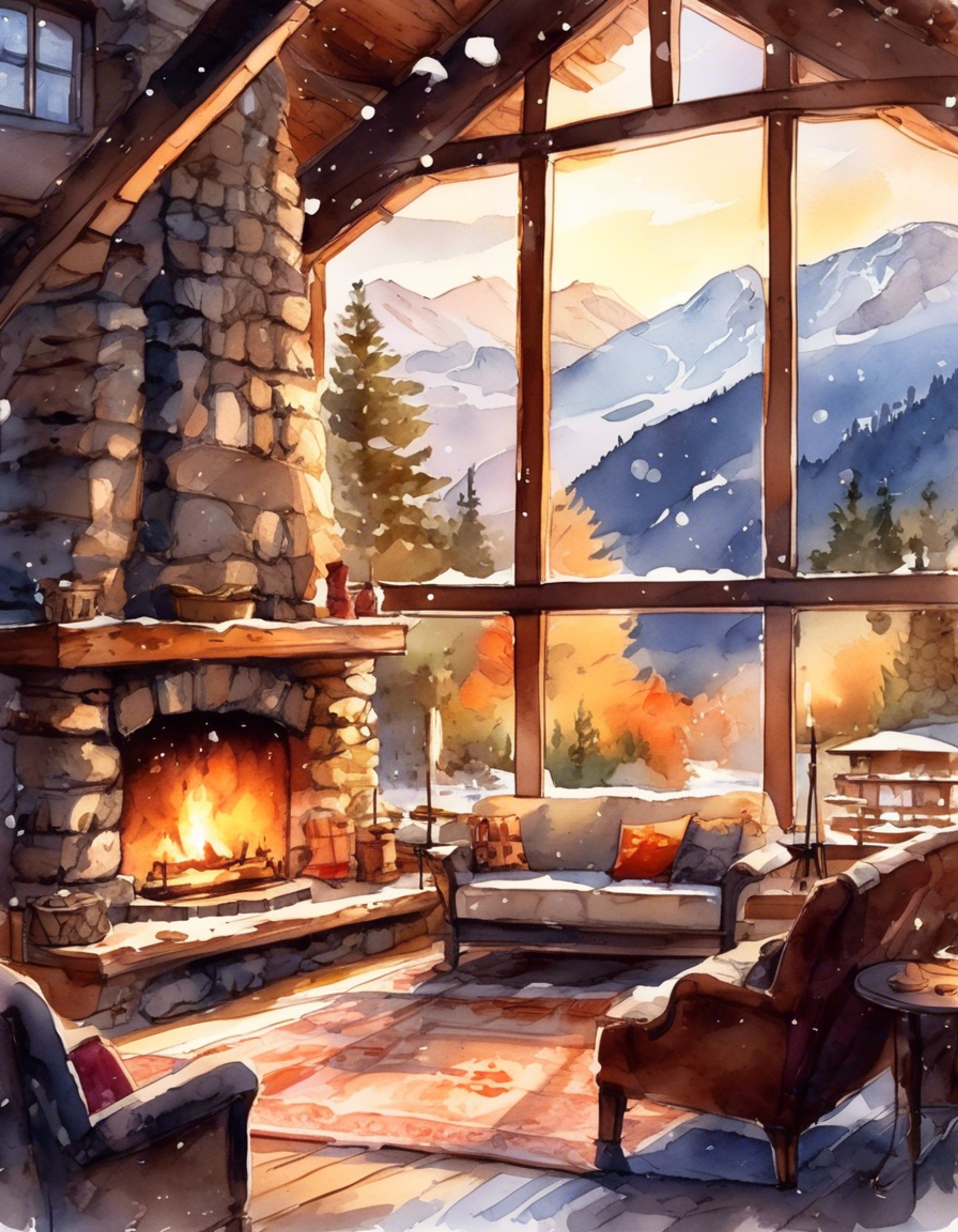 You arrive at a serene mountain retreat with Komal Hathi, seeking comfort and relaxation. The crackling fireplace warms the room as tea steeps on the table.