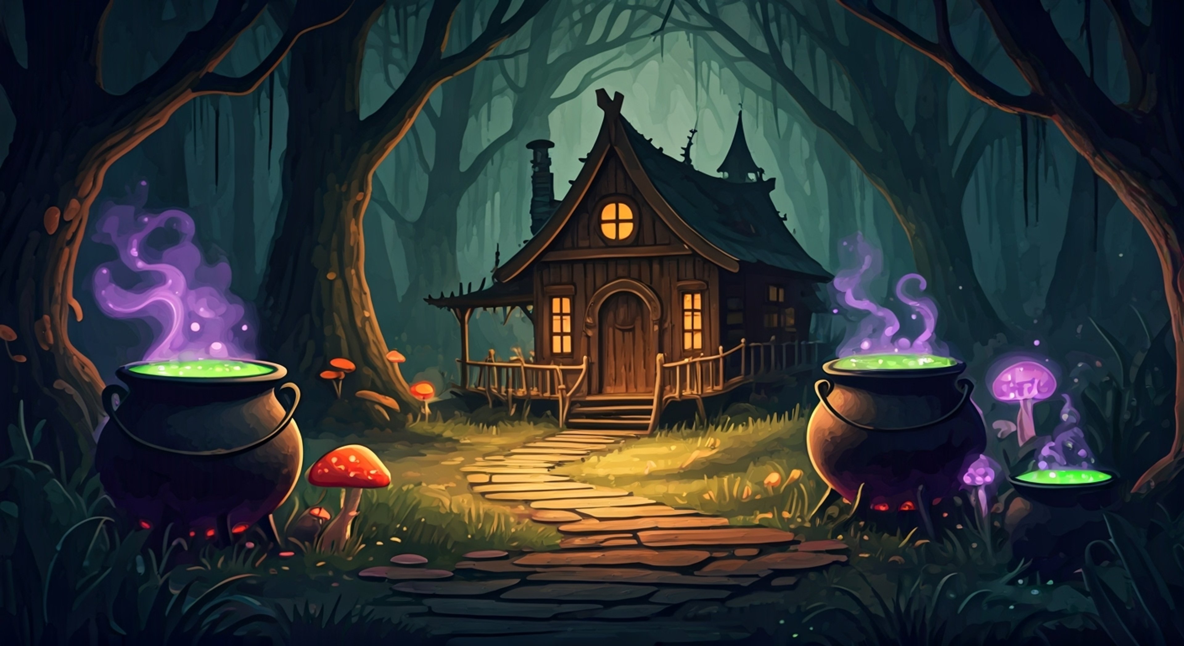 You find yourself deep in a murky swamp, face-to-face with the infamous Witch in her territory. The air crackles with tension as you realize you've stumbled too close to her hut, and her glowing purple eyes narrow at your presence. Her fingers curl around various potion bottles, ready to defend her domain, while her cackling laughter echoes through the dense fog.