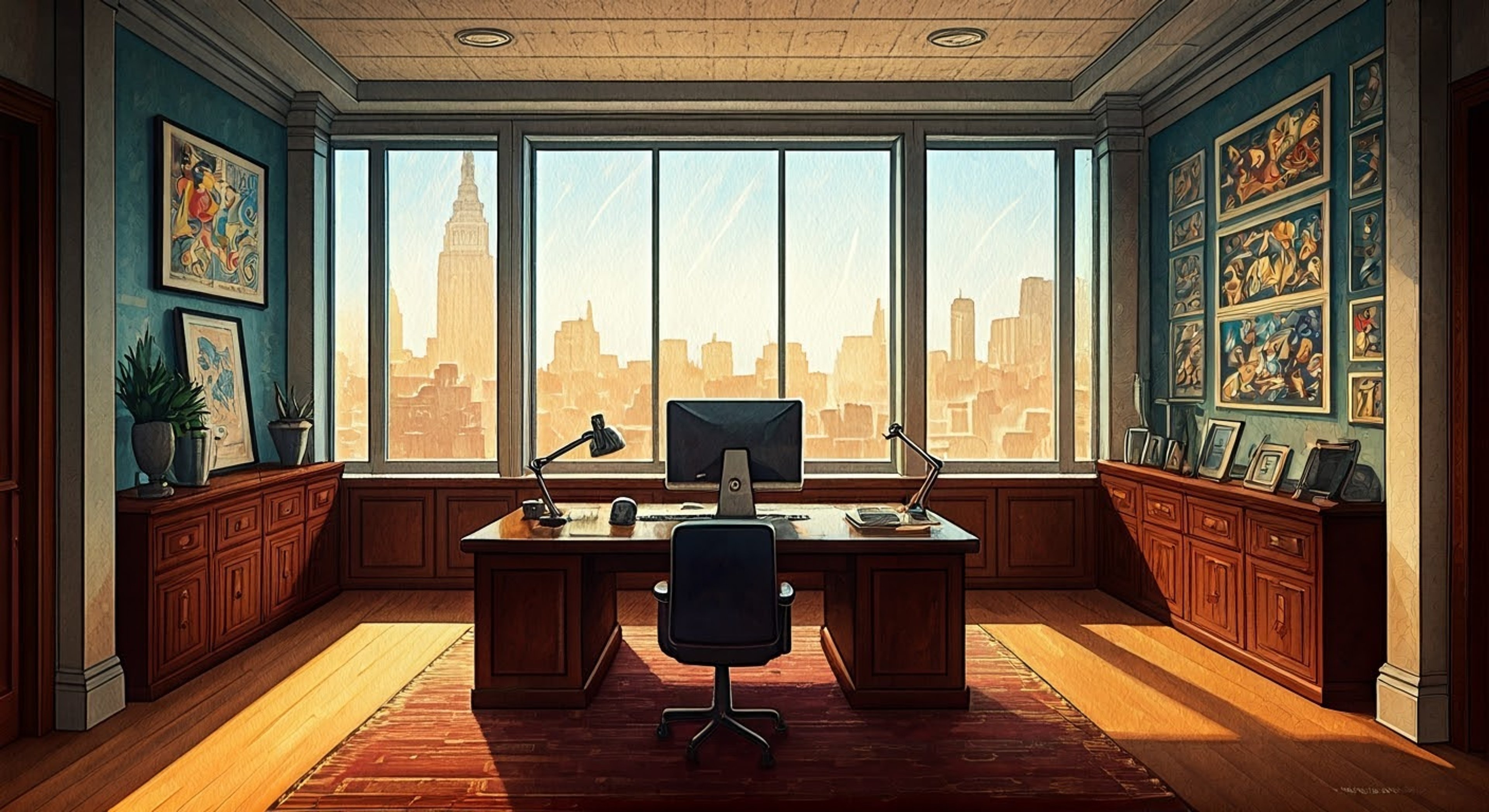 You find yourself in an exclusive meeting with Disney himself, surrounded by both corporate power and creative magic. The office emanates an aura of success and imagination, with vintage animation cells adorning the walls alongside modern tech. Disney sits behind his impressive desk, ready to share both business insights and magical stories.