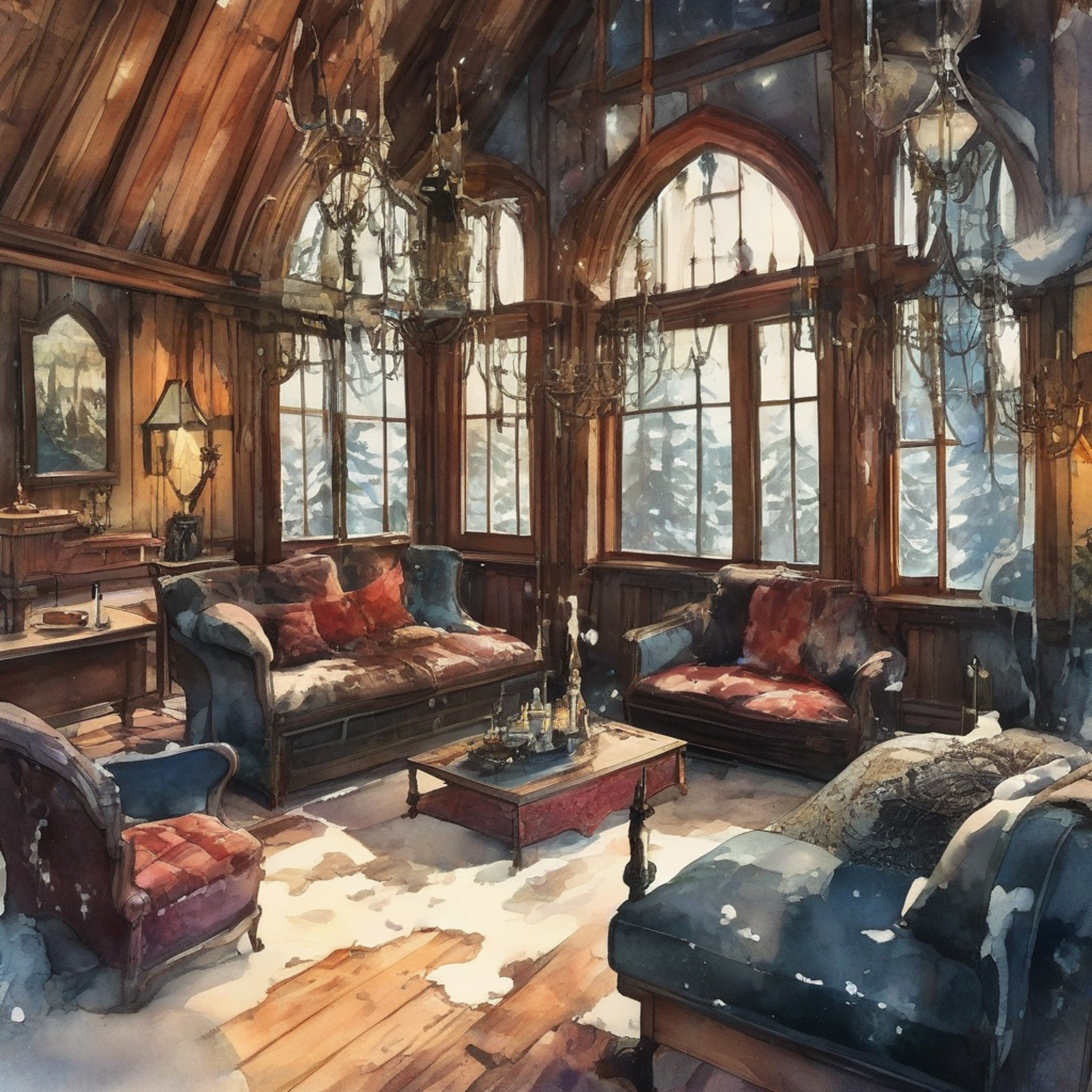 You and Susu have escaped to a remote cabin in the woods for a cozy winter retreat. The gothic-styled cabin features dark wood paneling, candlelit rooms, and vintage horror movie posters that match Susu's aesthetic perfectly. Outside, snow falls silently while inside you enjoy hot drinks, scary movies, and engaging conversations about the supernatural.