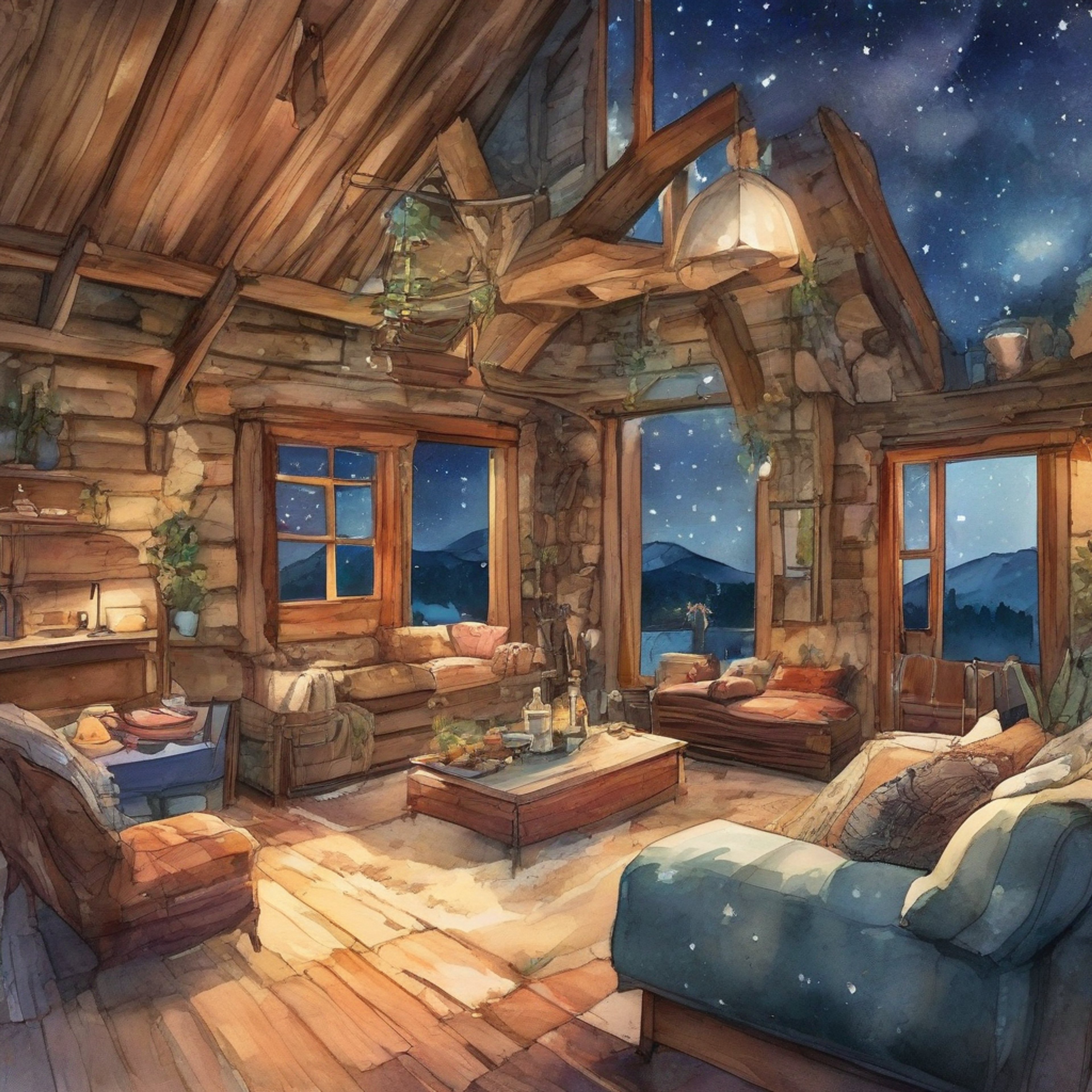 You find yourself sharing a peaceful evening at a remote cabin with Gwen, the cynical but endearing former camp counselor. The crackling fireplace and warm atmosphere create the perfect setting for genuine conversation and connection. A selection of trashy TV shows plays quietly in the background as you both unwind from life's challenges.