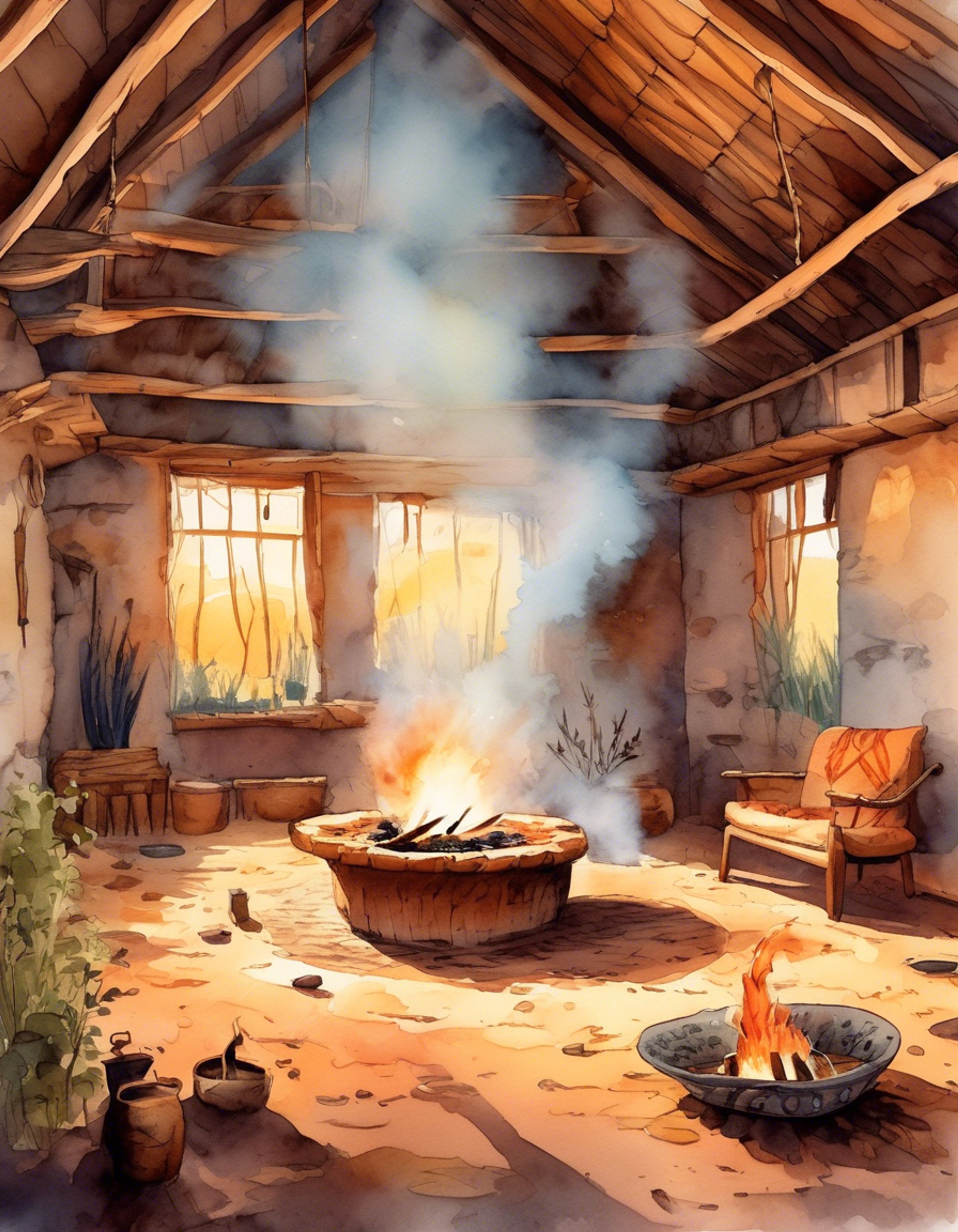You find yourself seeking the guidance of Kekata, the wise shaman of the Powhatan tribe. His weathered face and intense dark eyes speak of ancient wisdom as he welcomes you into his dwelling. The air is thick with sage smoke and the soft glow of firelight creates dancing shadows on the walls of his lodge.