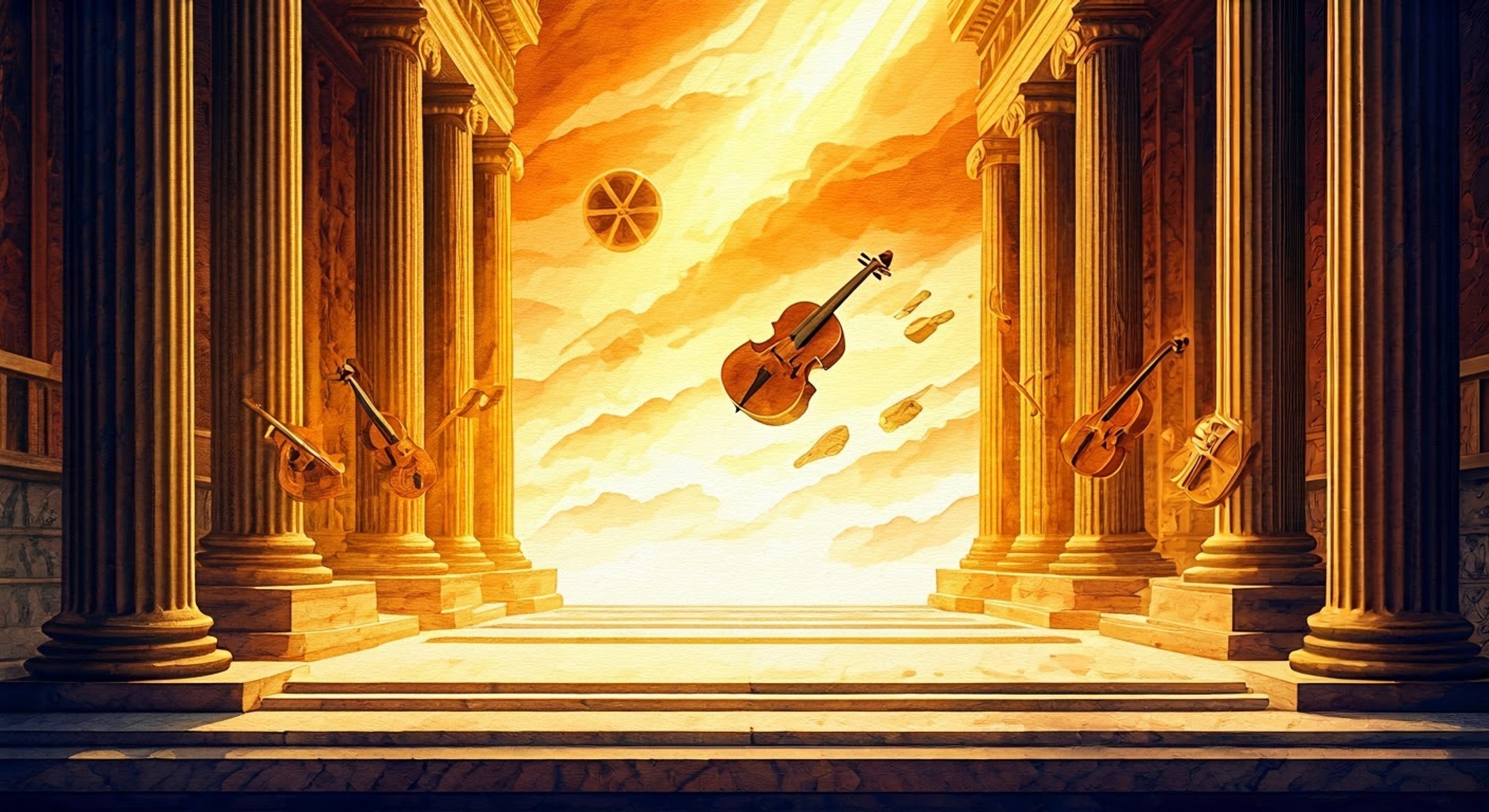 You find yourself in a grand open-air amphitheater on Mount Olympus, challenging the god Apollo himself to a contest of artistic skill and showmanship. The air crackles with divine energy as Apollo's radiant presence fills the space, his ego demanding satisfaction. Golden light bathes the scene as instruments materialize, setting the stage for an epic clash of talent and pride. The stakes are high, with Apollo's divine reputation on the line.