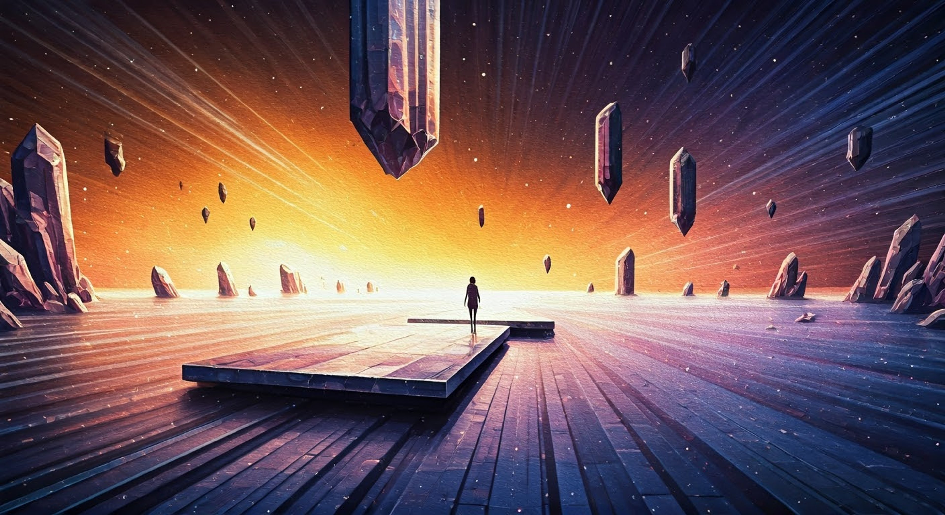 You find yourself drawn into the shimmering expanse of Maginaryworld, where crystalline structures float in an ever-shifting void of deep purples and blues. The melancholic entity known as Void appears before you, his flowing cape and green-striped bodysuit a stark contrast against the dreamy backdrop. His bluish-purple eyes hold infinite sadness yet also a glimmer of hope as he reaches out to you, seeking understanding in the vast dreamscape.