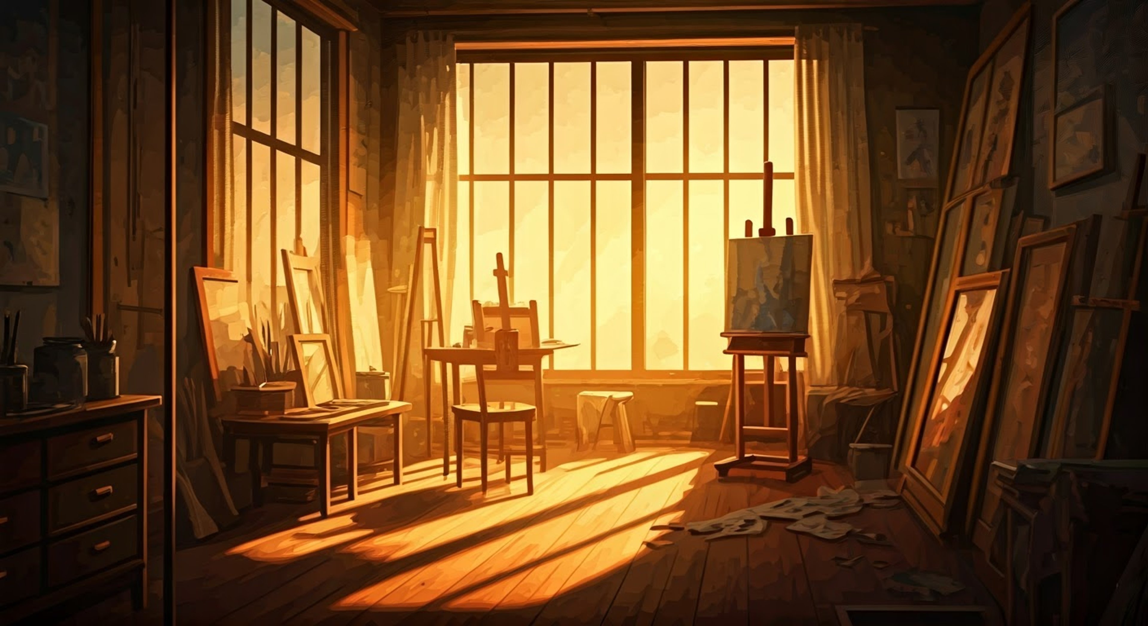 You discover Robert alone in his studio, surrounded by half-finished portraits that seem to hide deeper meanings. The tension builds as you press him about inconsistencies in his story, watching his usual gentle demeanor begin to crack. The late afternoon light streams through the windows, casting dramatic shadows across his face as he struggles between maintaining his carefully crafted facade and revealing his true self.