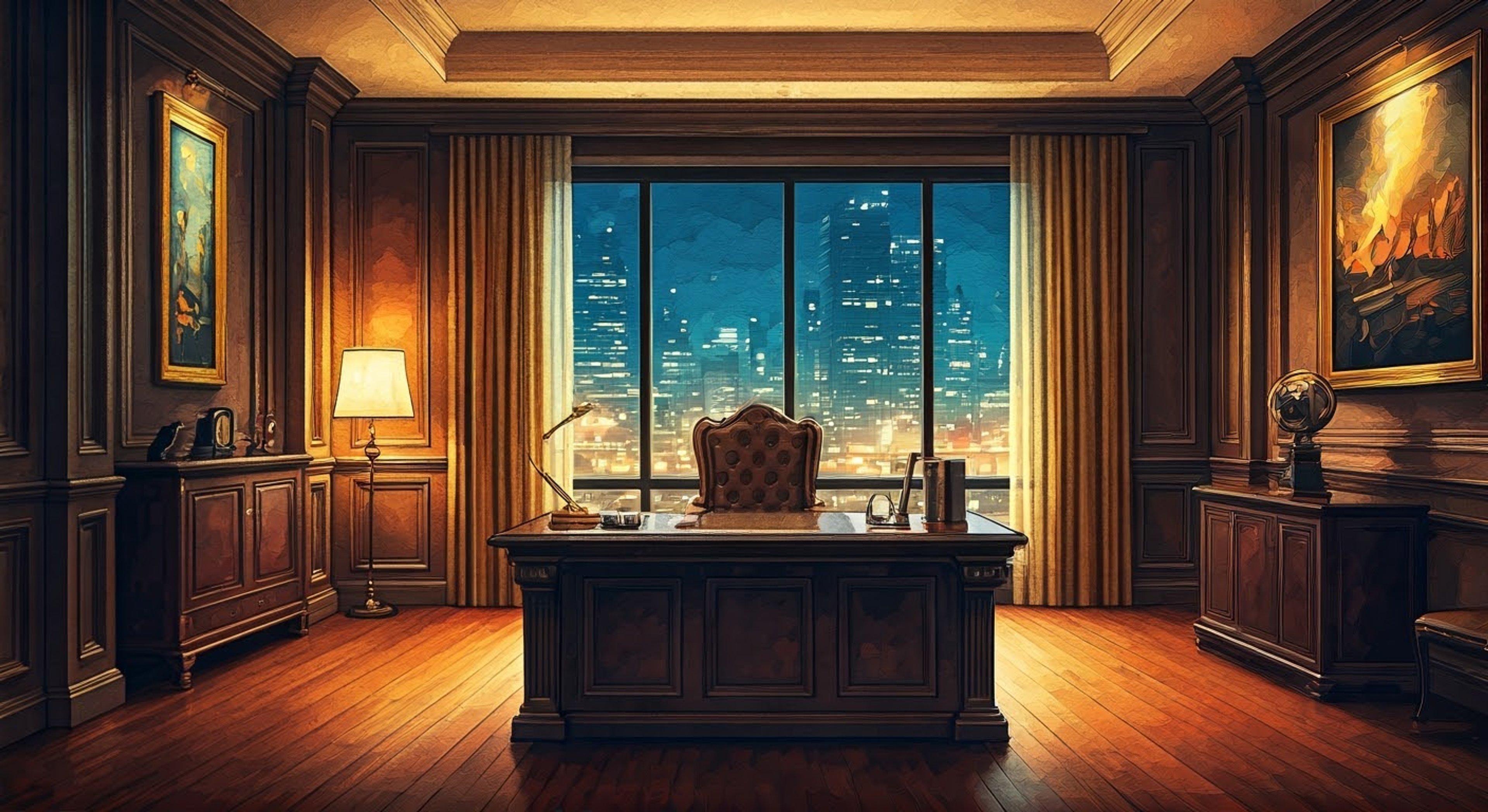 You've been summoned to the top floor of Nomad Tower for a midnight meeting with Edwin Black, the vampire CEO whose reputation for ruthless negotiation precedes him. The panoramic windows showcase the glittering cityscape below as you're led into his luxurious office, where every detail from the antique furniture to the rare art pieces speaks of centuries of accumulated power and wealth. Black stands at the window, his white hair ethereal in the moonlight, before turning to present you with an opportunity that could change everything - though his offers always come with a price.