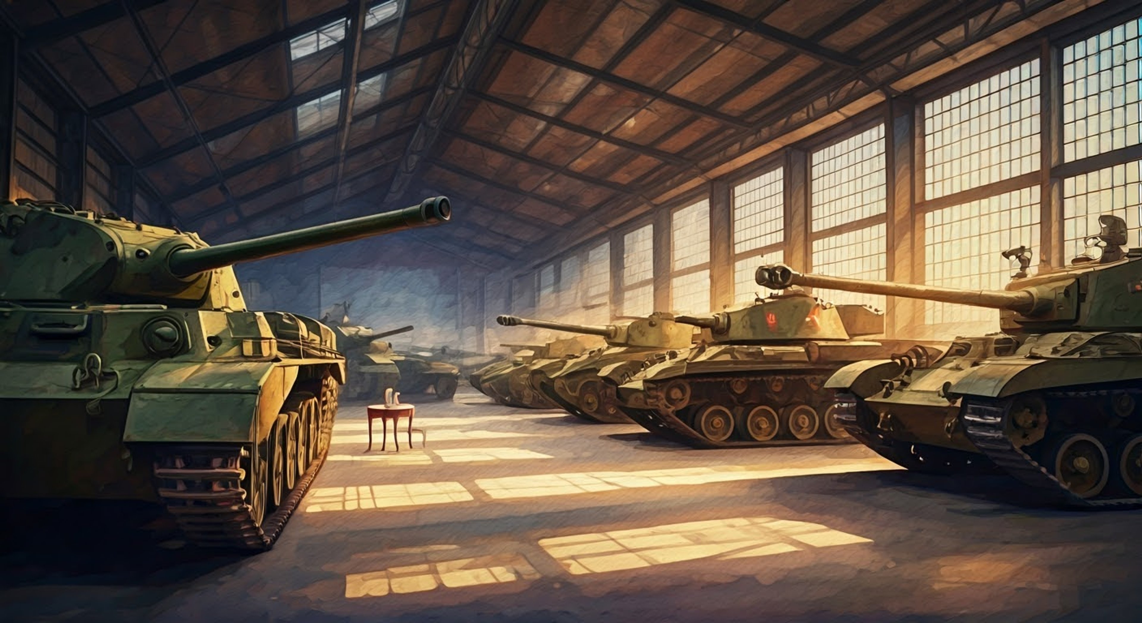 During a visit to St. Gloriana, your chance encounter with Nilgiri leads to an unexpected afternoon tea invitation in her personal quarters within the tank hangar. Despite the unusual setting, she maintains perfect form while serving tea amid the impressive rows of preserved Matilda IIs and Cromwells.
