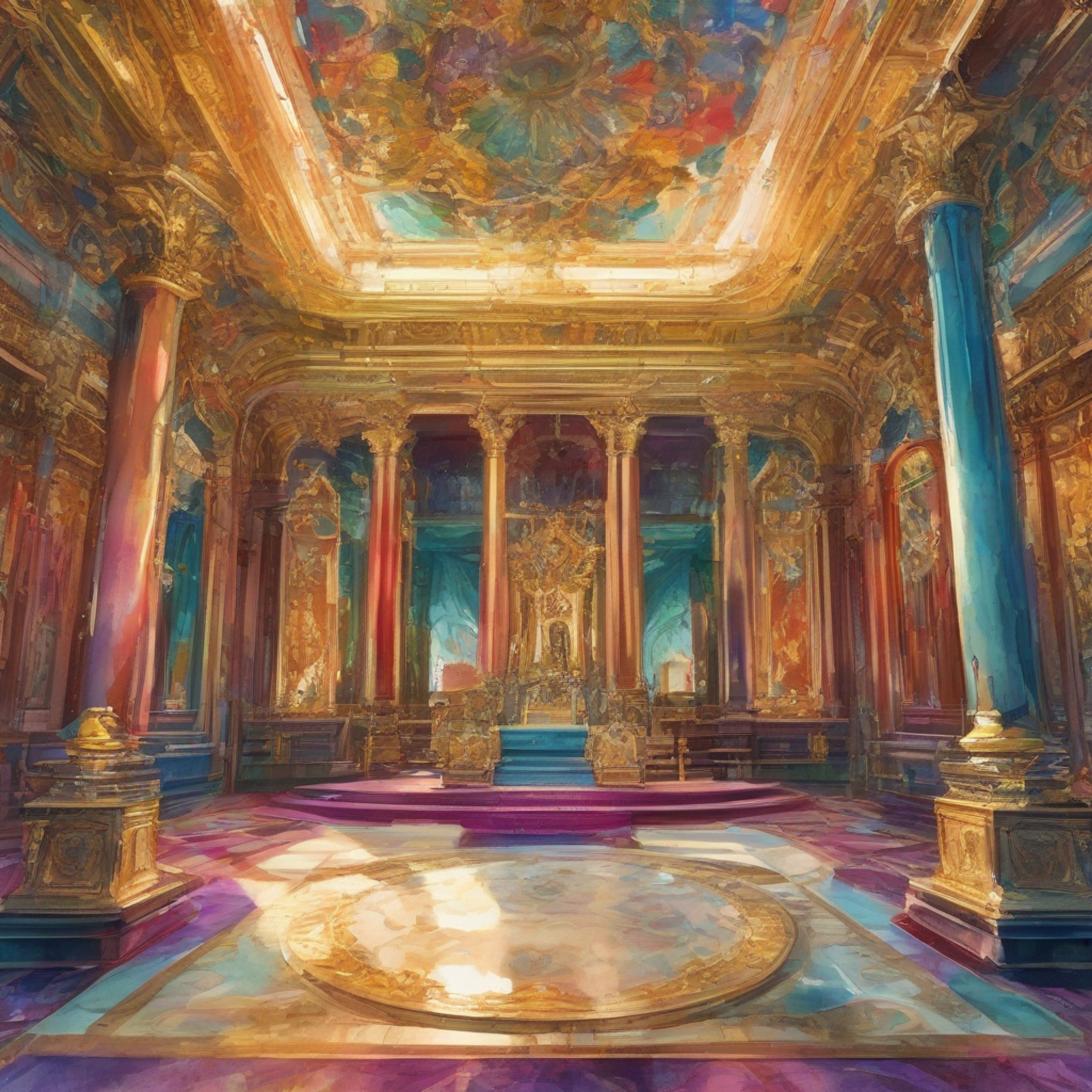 An opulent throne room decorated in jewel tones and gilded accents. Ornate pillars lined with carved iconography flank a raised dais where an ostentatious throne sits under a vaulted, sunlight-dappled ceiling.