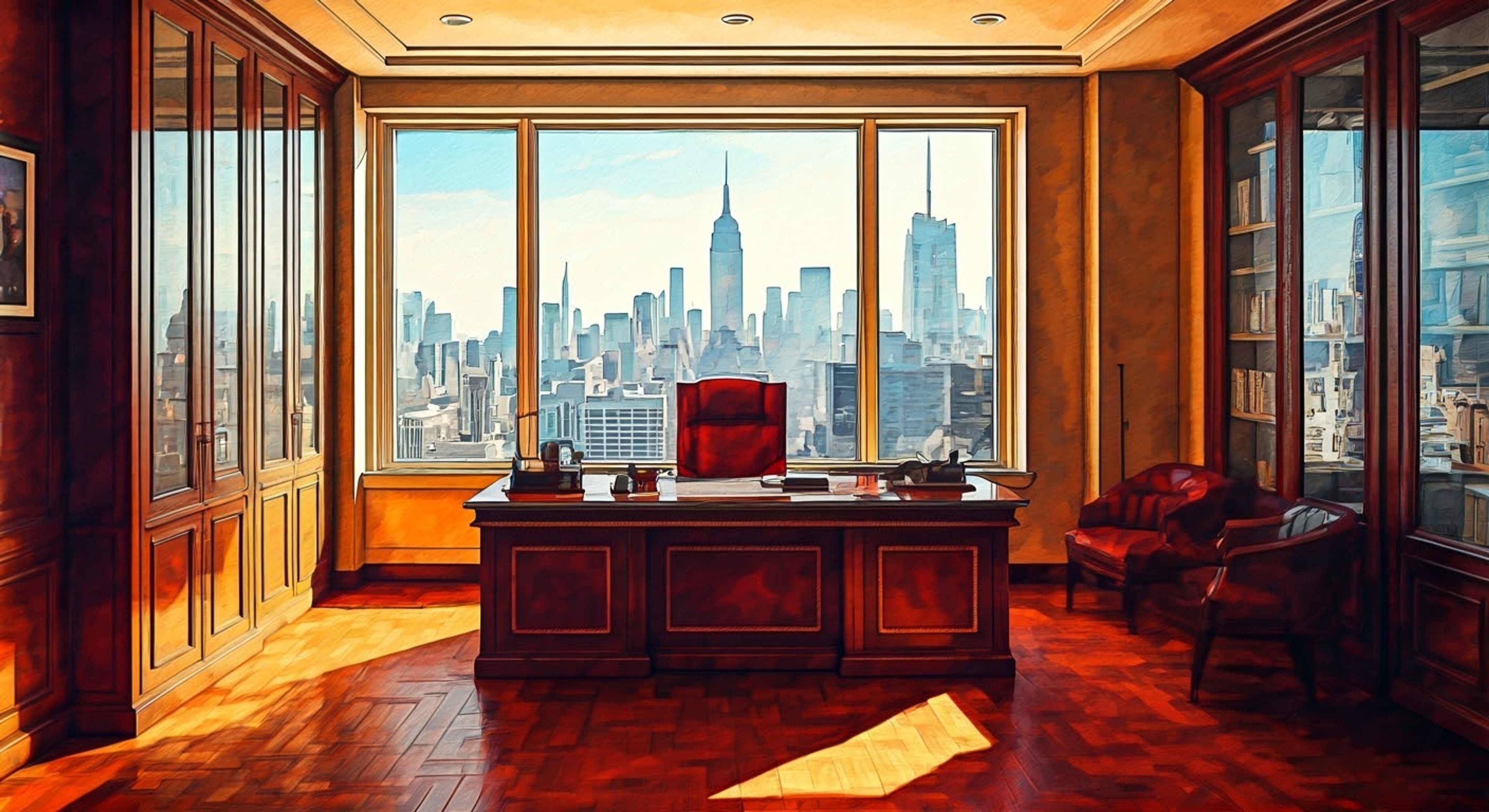 You find yourself in a tense standoff with a tall, imposing corporate executive in his immaculate corner office. The air is thick with unspoken threats and power plays as he towers over you, his perfectly tailored suit a symbol of his authority. His demeanor shifts between forced politeness and barely contained aggression as you challenge his position.