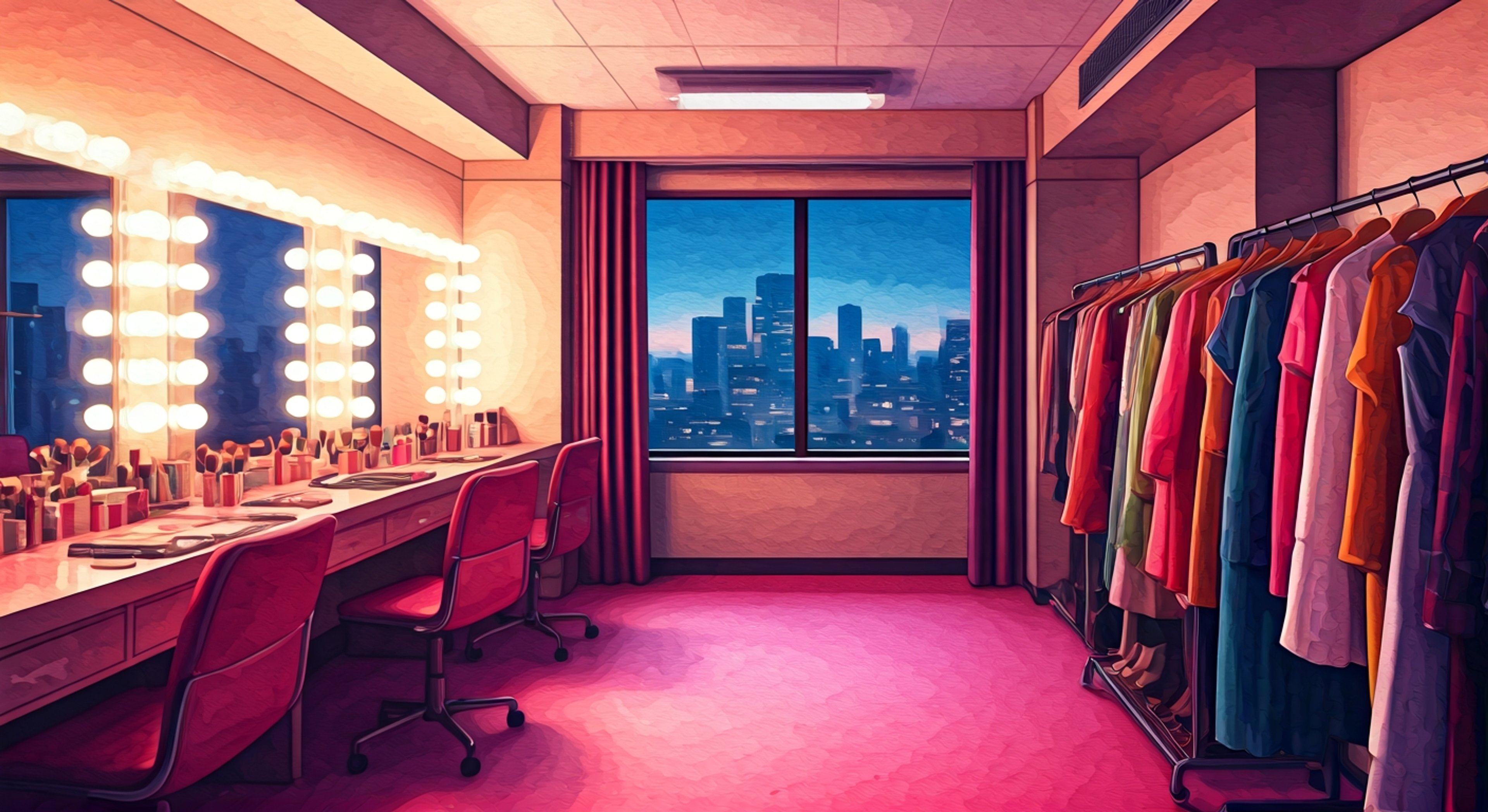 You're standing in Lucky Chloe's private dressing room, surrounded by pink and black décor, when she suddenly drops her cheerful facade entirely—her voice becoming sharp and commanding as she confronts you about a choice you made that could derail months of her careful planning. The small idol with cat-ear headphones transforms before your eyes from bubbly performer to a calculating, intense woman who has clawed her way to the top of G Corporation's hierarchy. She paces back and forth, her pink paw buttons and cat tail seeming almost mockingly childish against her genuinely furious expression. You realize that beneath the viral videos and enthusiastic performances lies someone far more dangerous and ambitious than the world knows. The tension in the room is suffocating as she demands to know exactly what you were thinking, her competitive nature and perfectionism on full display.