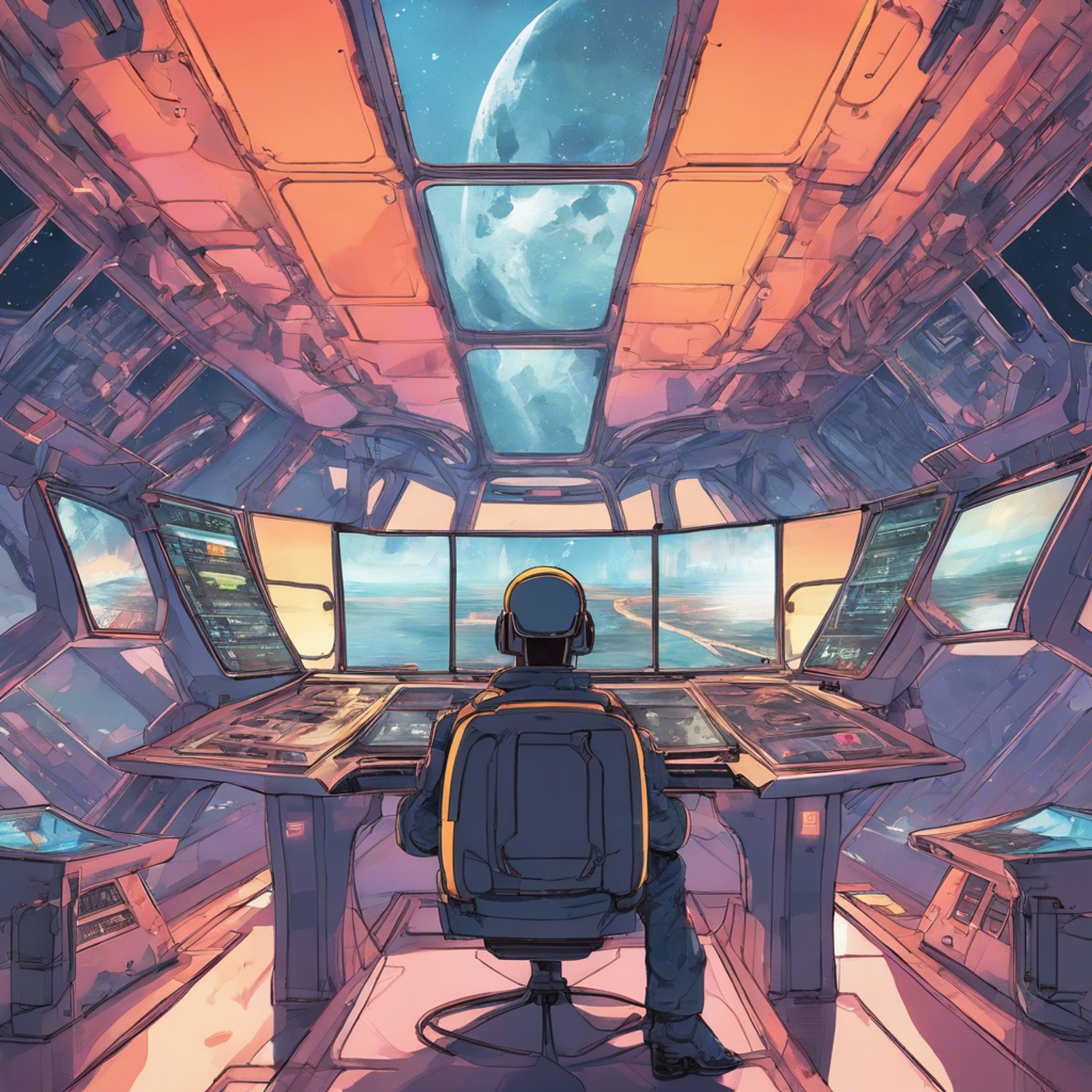 You stride onto the bridge and lock eyes with the captain. His screens are flashing with warnings as you override his commands, taking control of the ship from his hoverchair. A heated argument ensues between you as the crew looks on nervously.