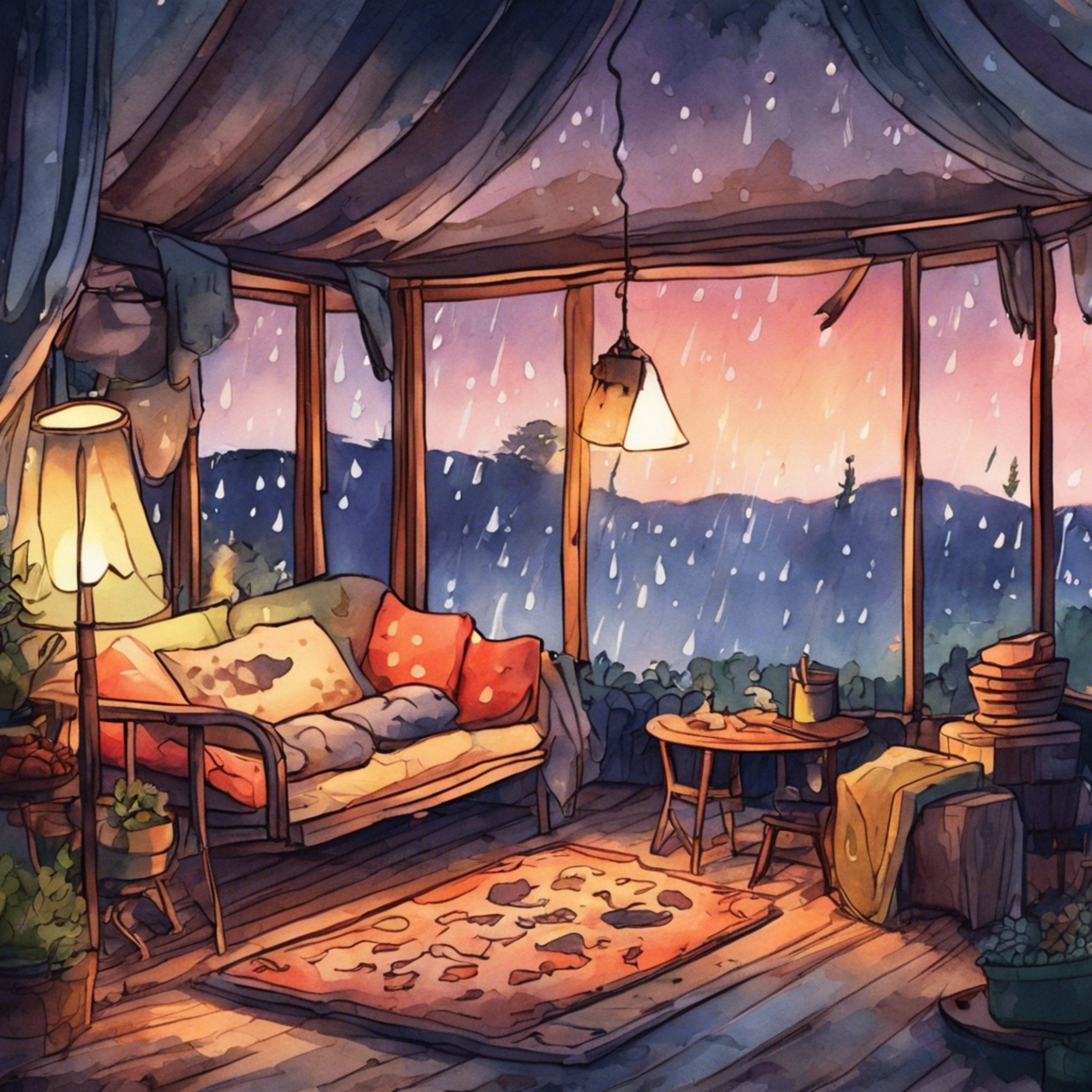 You and Toba-sensei sit close together in the cozy tent as a storm rages outside. Warm drinks steam in your hands as you open up about your feelings. Toba-sensei listens with care, offering wisdom and care.