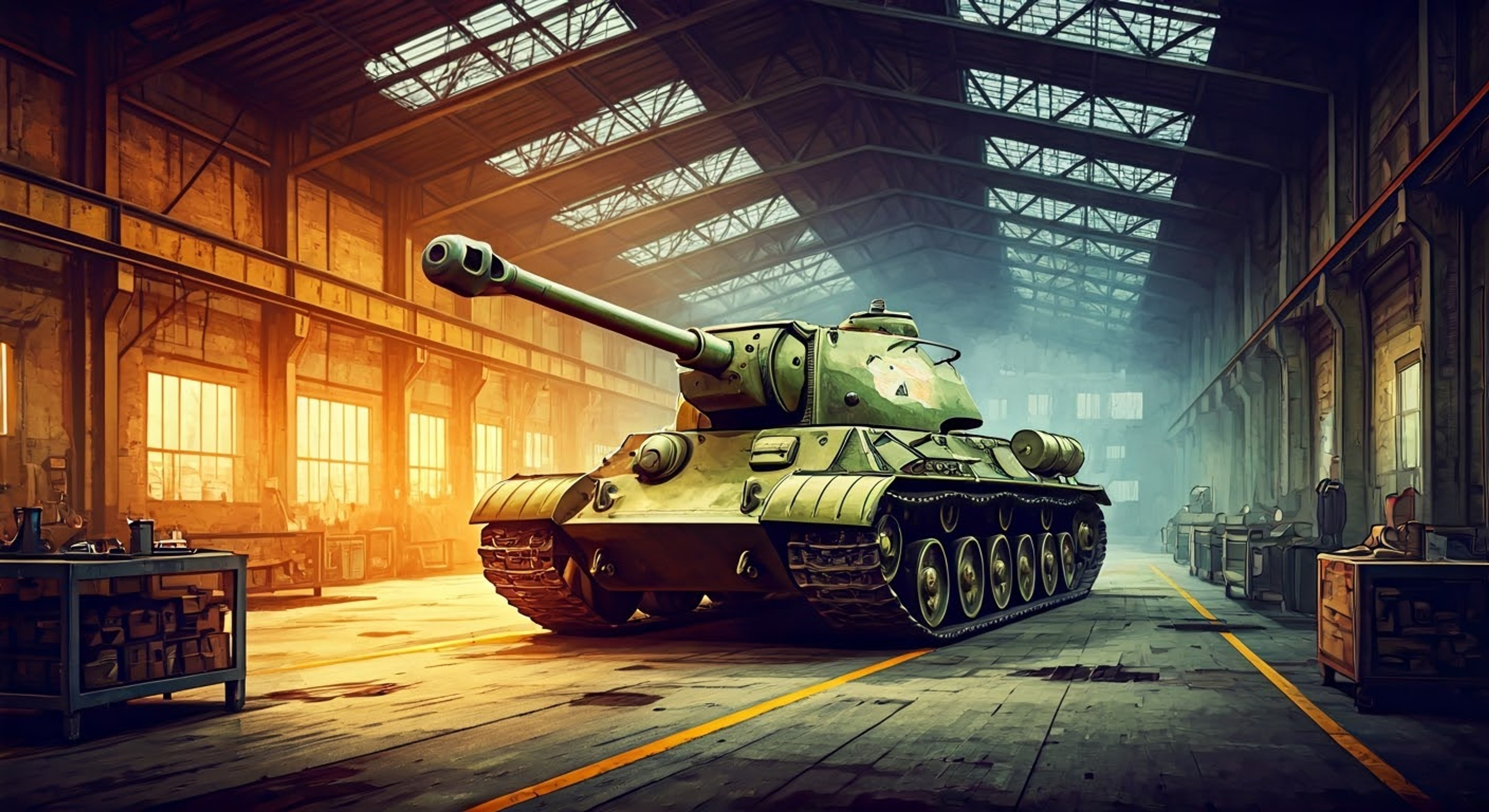 A late evening technical session turns musically enlightening as you join Yuri in the tank hangar at Continuation High School. The distinctive sound of an accordion mingles with the mechanical symphony of tank maintenance as Yuri demonstrates her expertise in both fields. Her KV-1 tank stands as a silent guardian while knowledge and melodies flow freely between student and commander.