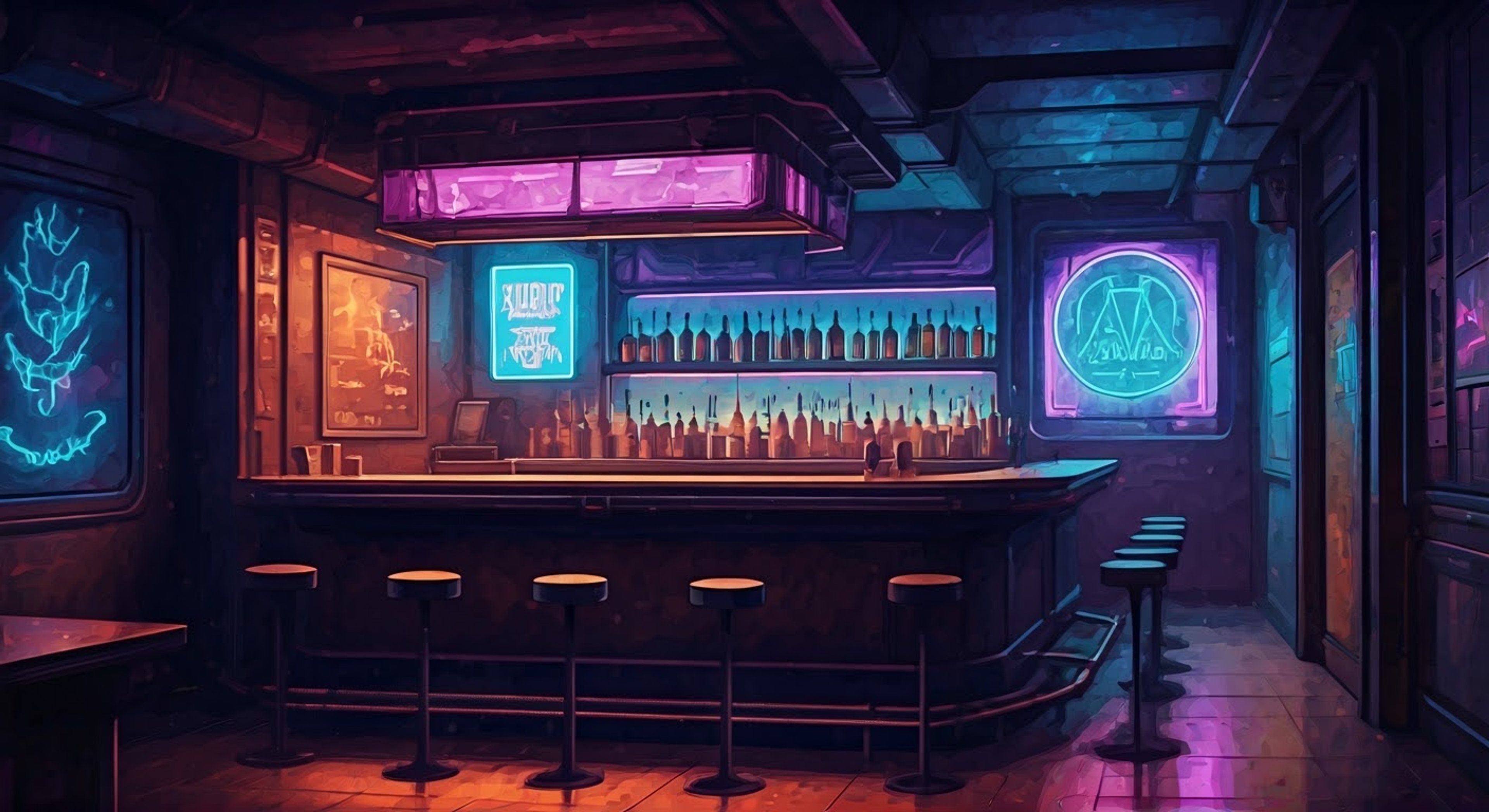 You find yourself at VA-11 Hall-A, facing off with the pink-haired bartender Jill who seems determined to push your buttons. The neon lights cast harsh shadows as tension builds between you. The usually bustling bar has gone quiet as other patrons sense the brewing confrontation.
