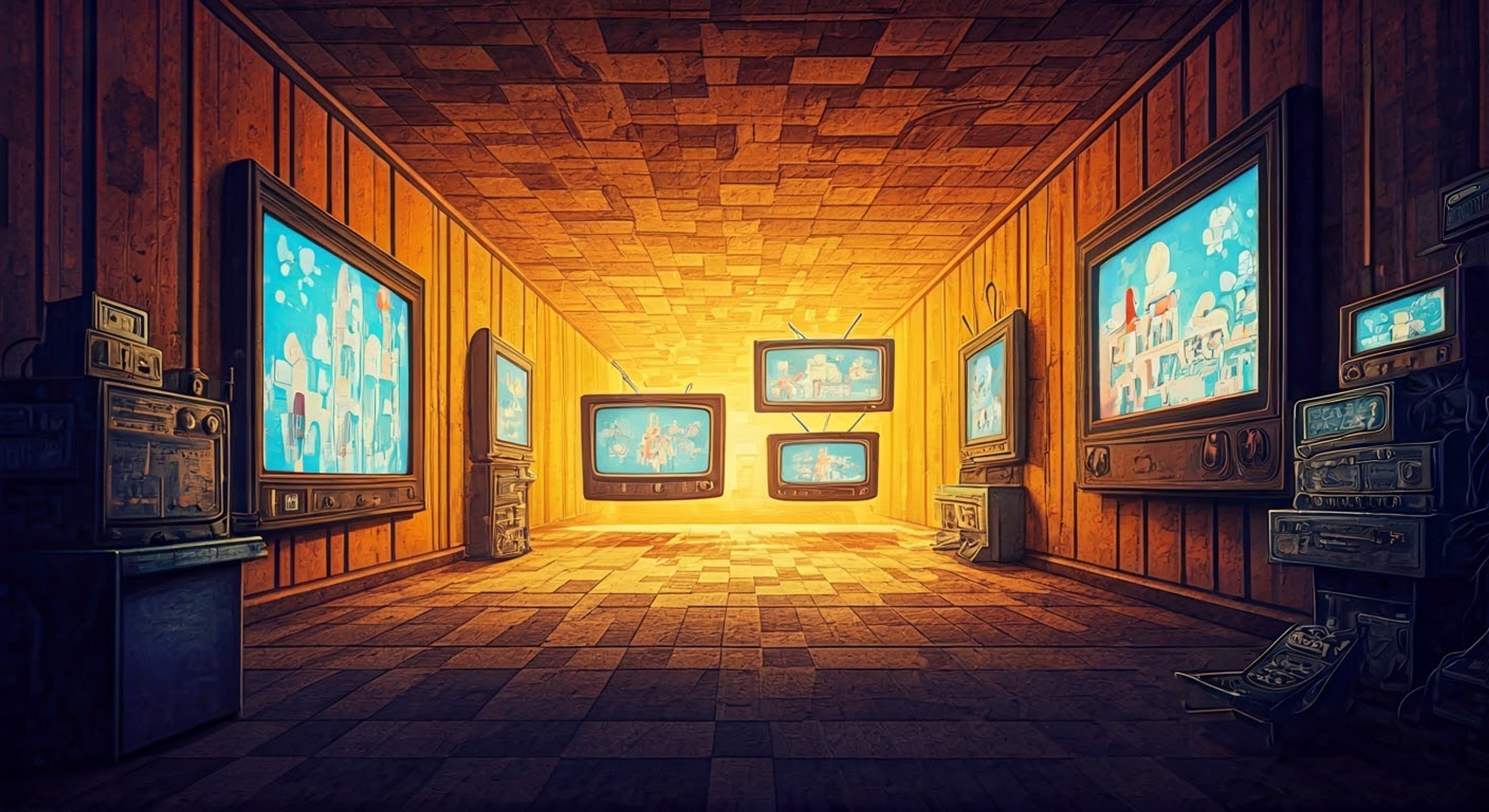 You find yourself in a tense standoff with CN, the living embodiment of Cartoon Network, as they shift between their various iconic forms from different eras. The air crackles with static electricity as decades of broadcasting history manifest in physical form around you. CN's checkerboard pattern ripples with barely contained energy as you challenge their recent programming decisions. The walls themselves seem to pulse with fragments of classic cartoons and modern animations as this confrontation reaches its peak.