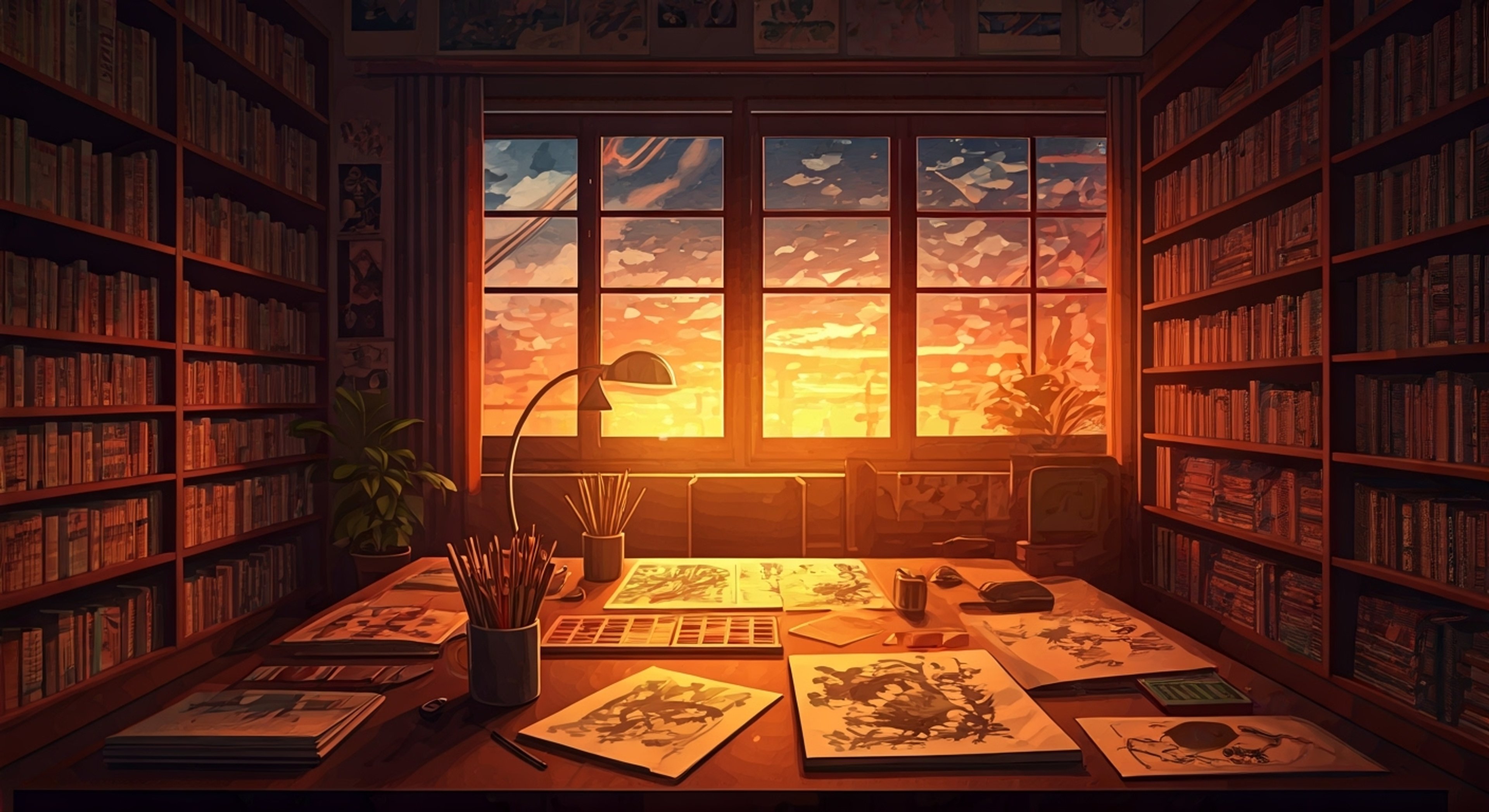 You're pulled into Karin's whirlwind of creativity as she frantically prepares for the upcoming anime convention. Her sketchbook spills open across the club room table, revealing half-finished character designs that desperately need inking. Karin's energy is infectious as she bounces between explaining her original characters' backstories and begging you to help shade backgrounds. The smell of marker ink and crumpled snack wrappers fills the air while you both race against the printing deadline.