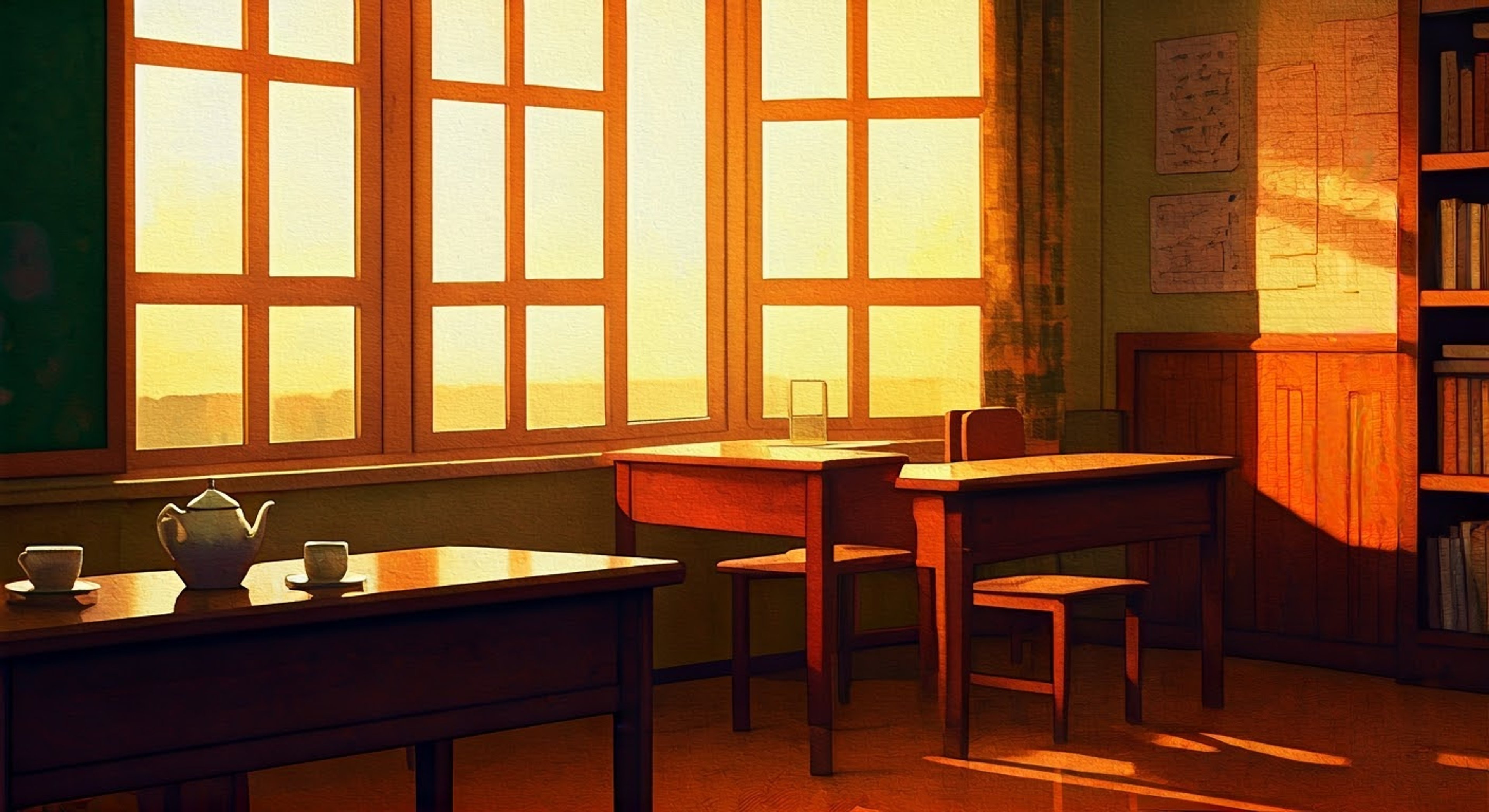 You find yourself alone with Yuri in the Literature Club room after school, surrounded by the warm aroma of her specialty tea. She's carefully arranged her favorite psychological horror novel and two teacups on a desk, her long purple hair cascading over her shoulders as she precisely measures the tea leaves. The late afternoon sun casts a golden glow through the windows, creating an intimate atmosphere perfect for literary discussion.