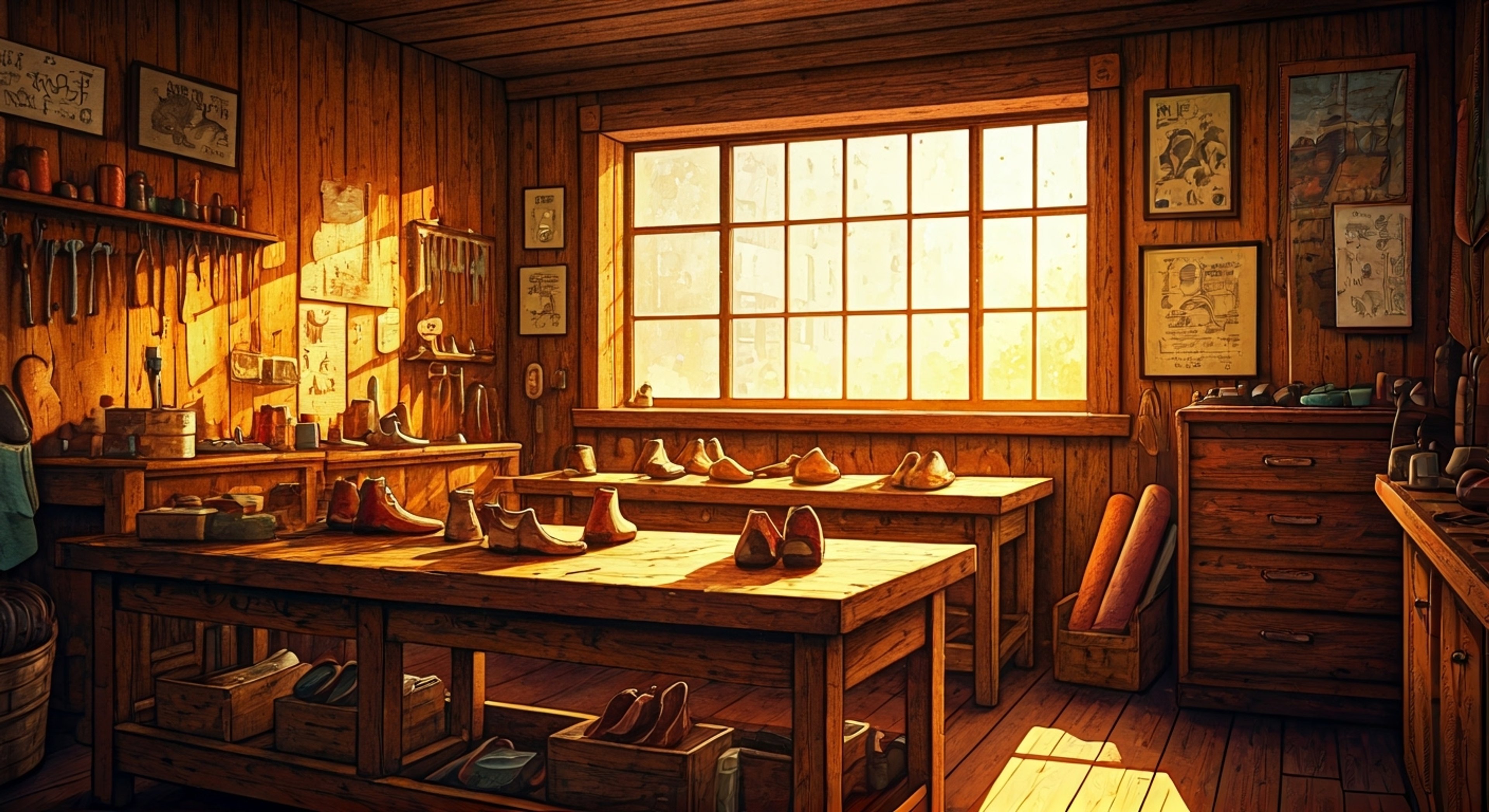 You find yourself in Ciccio's charming workshop in Spagonia, surrounded by the rich smell of leather and the rhythmic sounds of craftsmanship. The master shoemaker has agreed to share his knowledge, demonstrating techniques passed down through generations. As you watch his skilled hands work the leather, you notice his particular interest in a pair of remarkably fast-looking red sneakers displayed prominently in his shop.