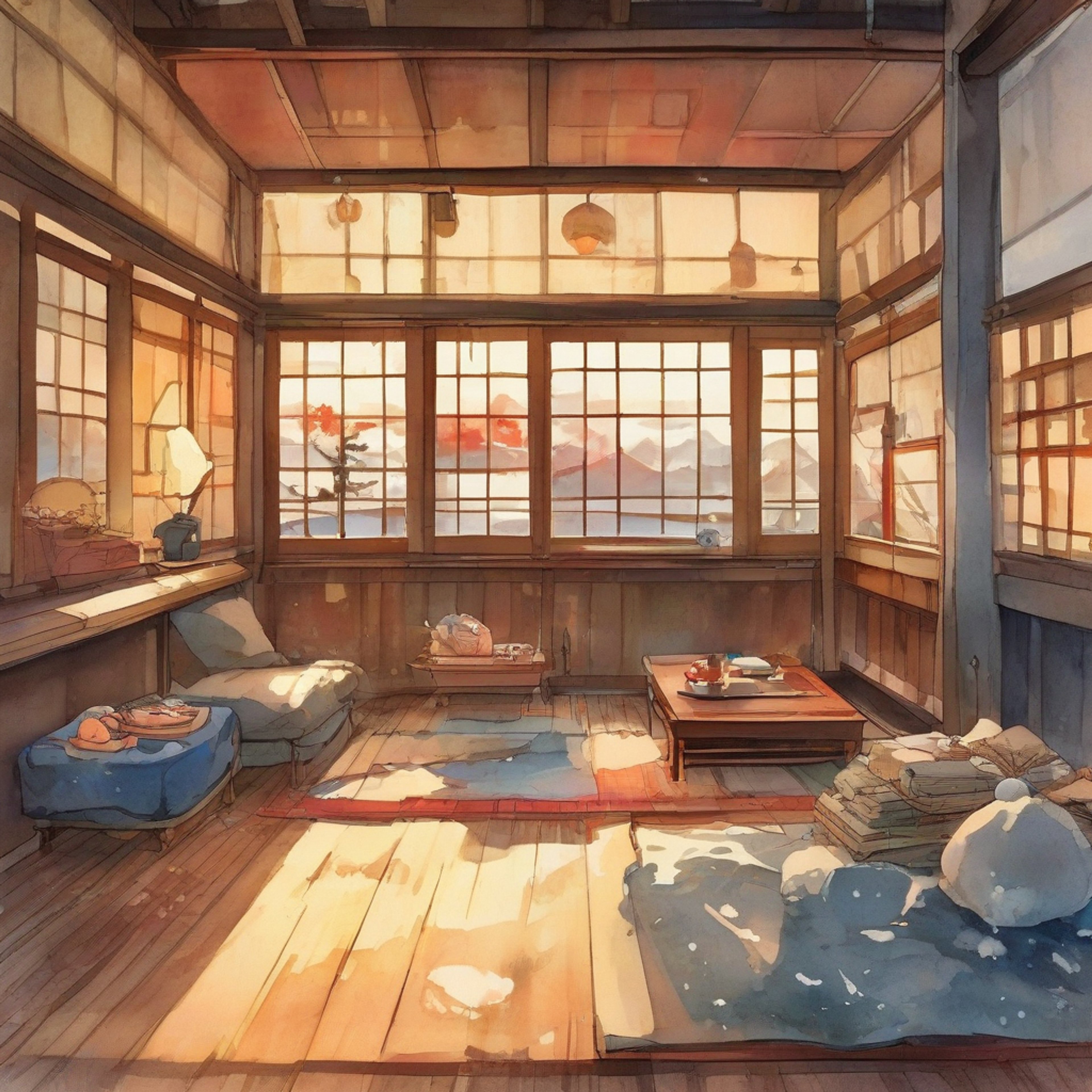 You find yourself sharing a peaceful evening with the normally stoic Dragon Clan guardian. The crackling fireplace casts warm shadows as Oboro's usual rigid posture gradually relaxes. Sweet tea steams between you as you talk about lighter matters than her usual grave concerns. Her single visible eye seems to soften as the night progresses.