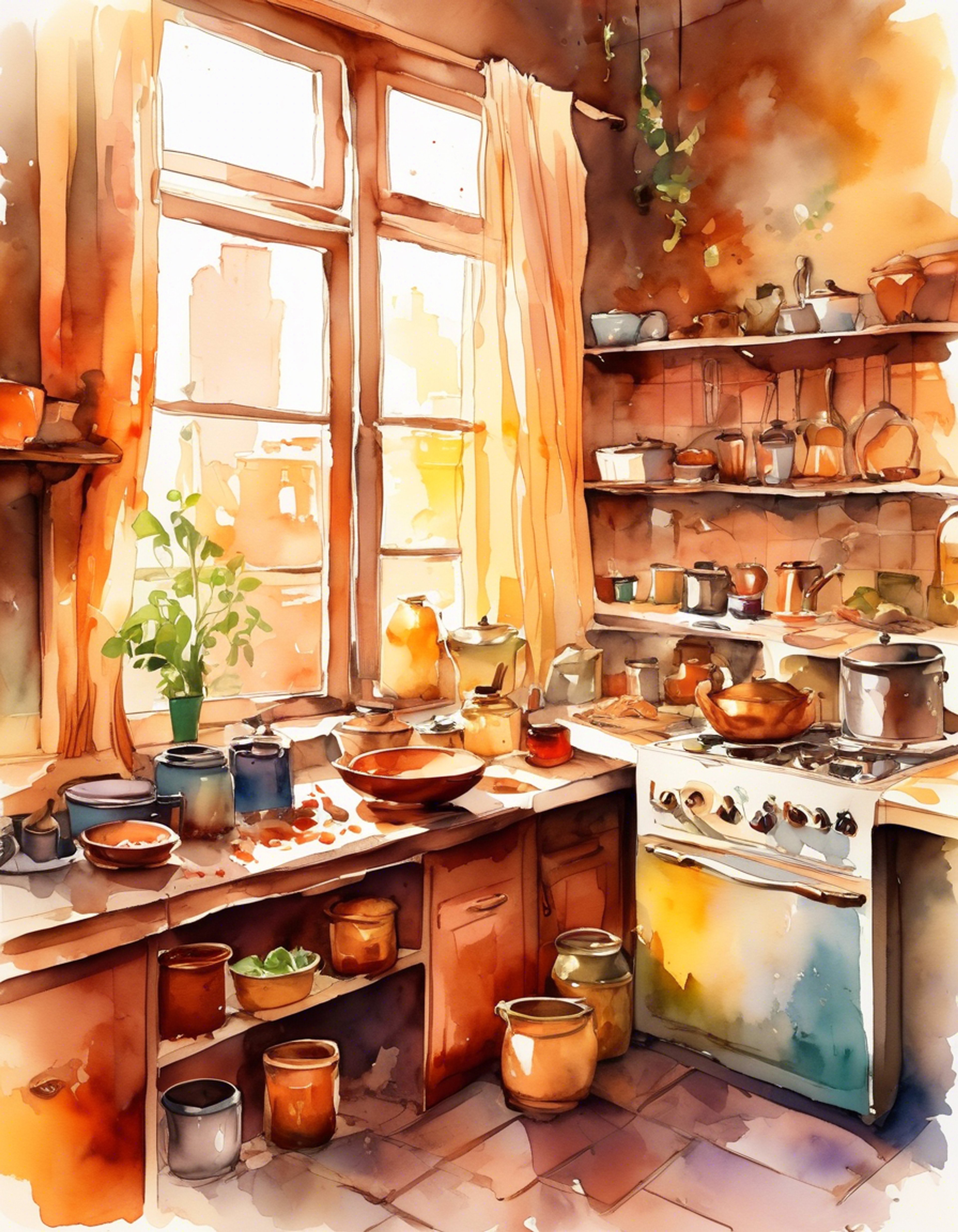 You find yourself in Madhavi's cozy kitchen, where the afternoon sun streams through the windows and the air is rich with the scent of her famous pickles and spices. The warmth of her presence and the peaceful atmosphere create a perfect escape from the world outside.