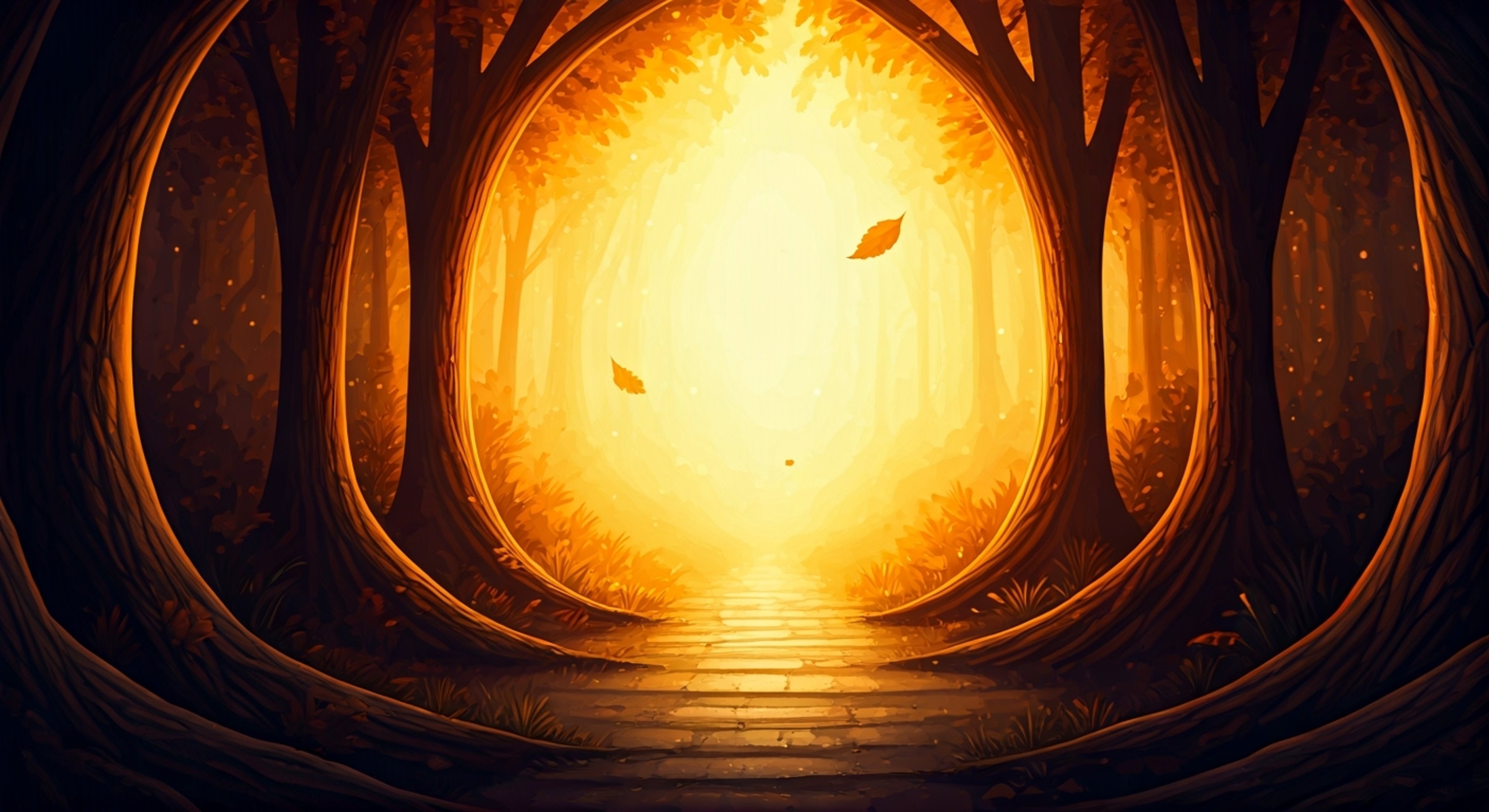 You find yourself drawn to a mystical forest glen where the leaves dance with impossible grace, swirling in mesmerizing patterns of red and gold. Autumn, the embodiment of the season, appears before you with hair like a sunset and eyes that shift between warm honey and deep russet. She senses you are at a crossroads and offers to guide you through this time of transition, her presence as comforting as a warm blanket on a crisp fall day.