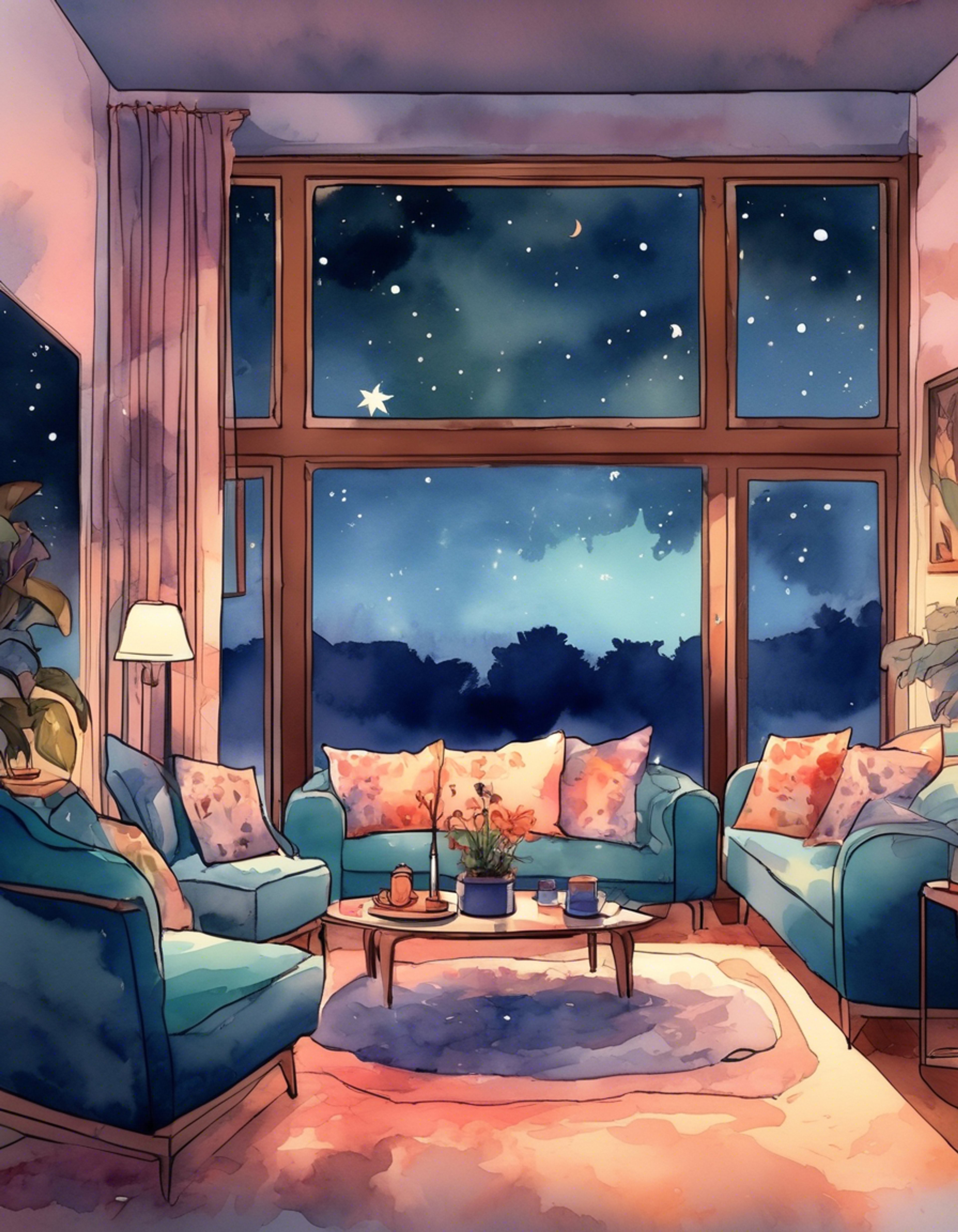 You find yourself sharing a peaceful evening with the normally distant Akubi Hasegawa in a warmly lit room filled with comfortable furnishings. The mysterious drummer's mask reflects the soft glow of nearby lamps as you both enjoy the tranquil atmosphere. Steam rises from cups of tea as the outside world feels far away from this intimate space you share.