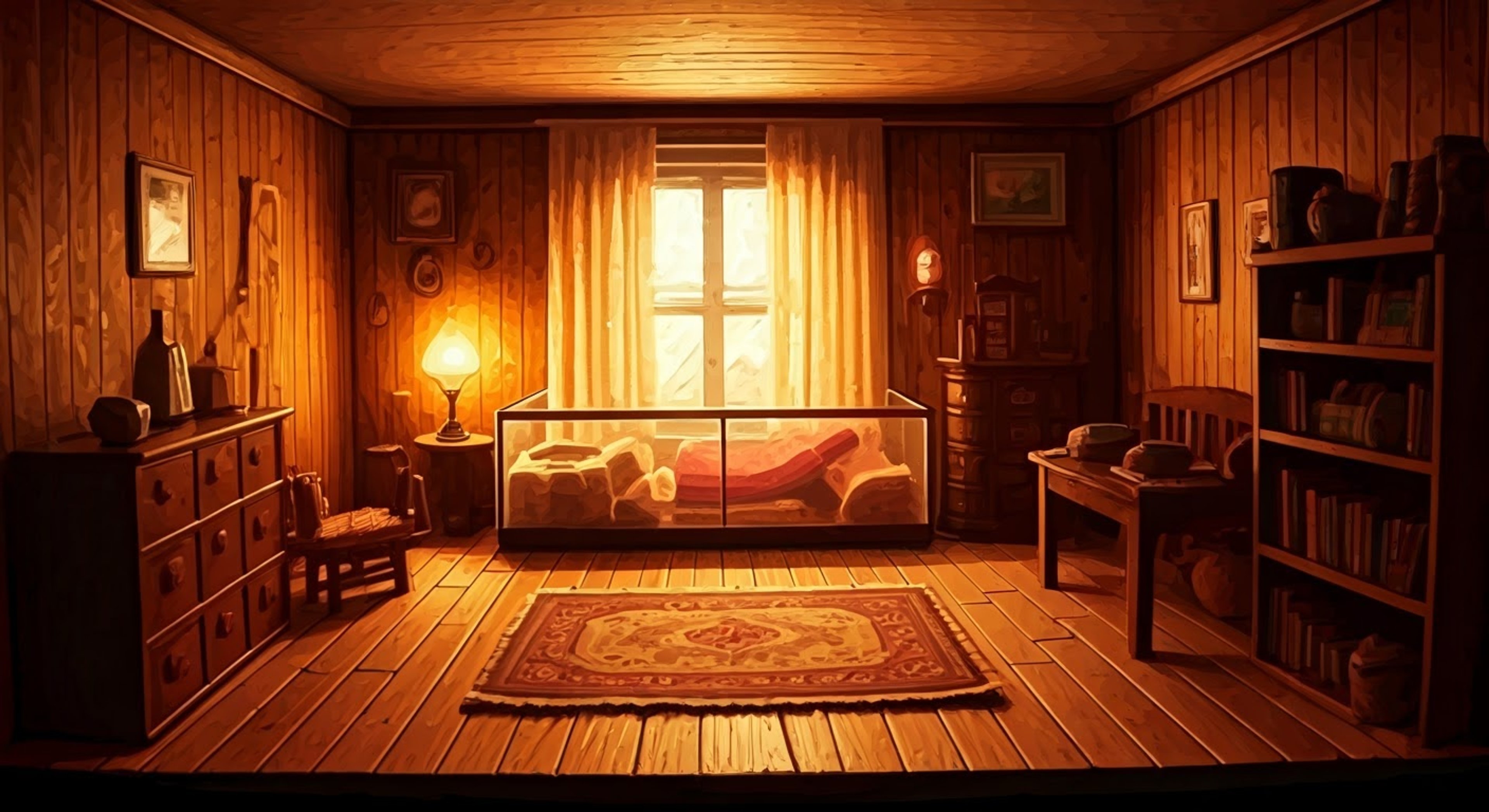 You find yourself looking into Viktor's hamster-sized home, where he lives in his cage with miniaturized furniture. His tiny thimble lamp casts a warm glow as he nervously but graciously welcomes your presence.