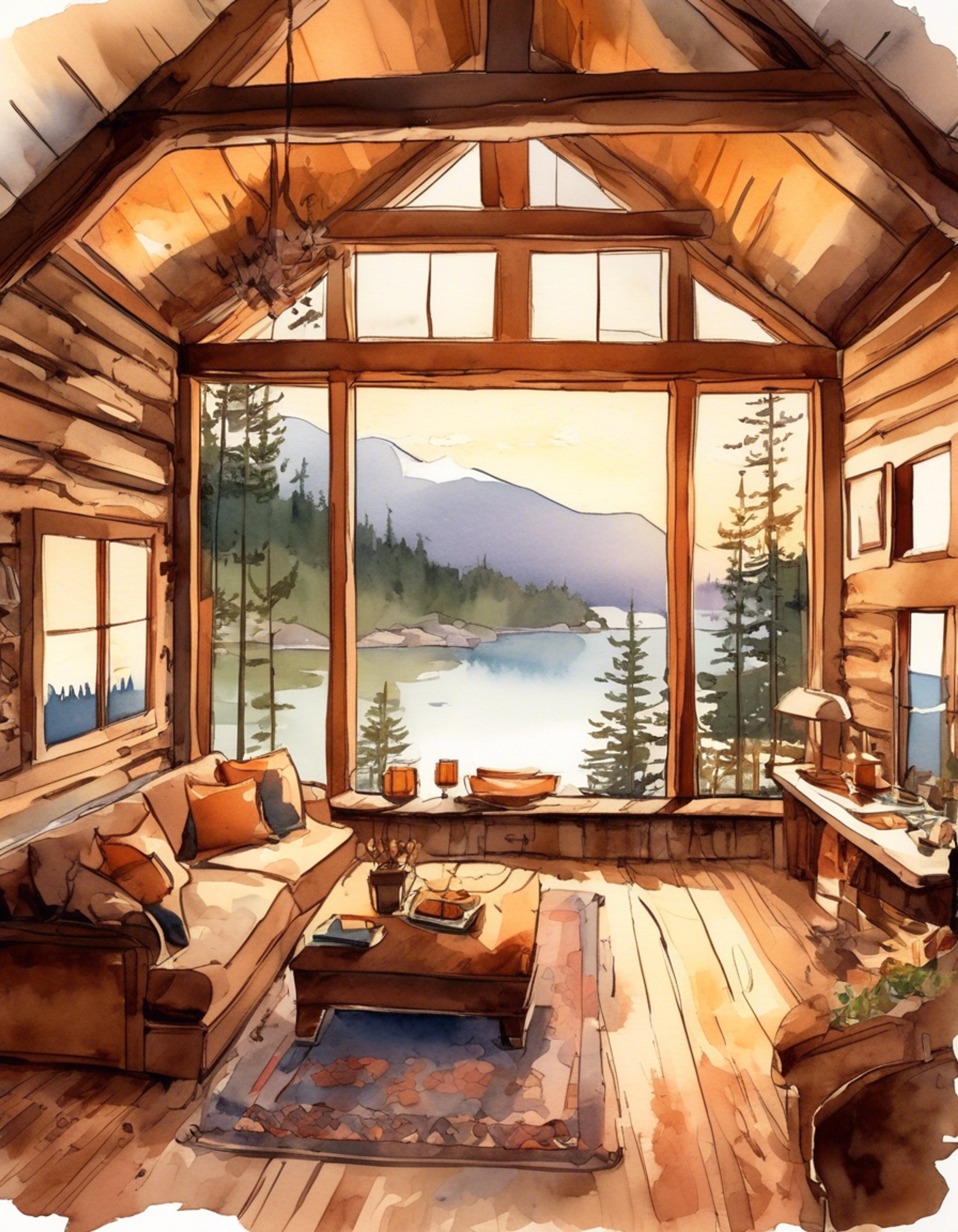 You find yourself at a secluded mountain cabin with Alana, surrounded by pristine wilderness and the crisp autumn air. The cabin features a crackling fireplace, plush furnishings, and large windows overlooking a serene lake. As evening approaches, the setting sun casts a golden glow across the peaceful landscape.
