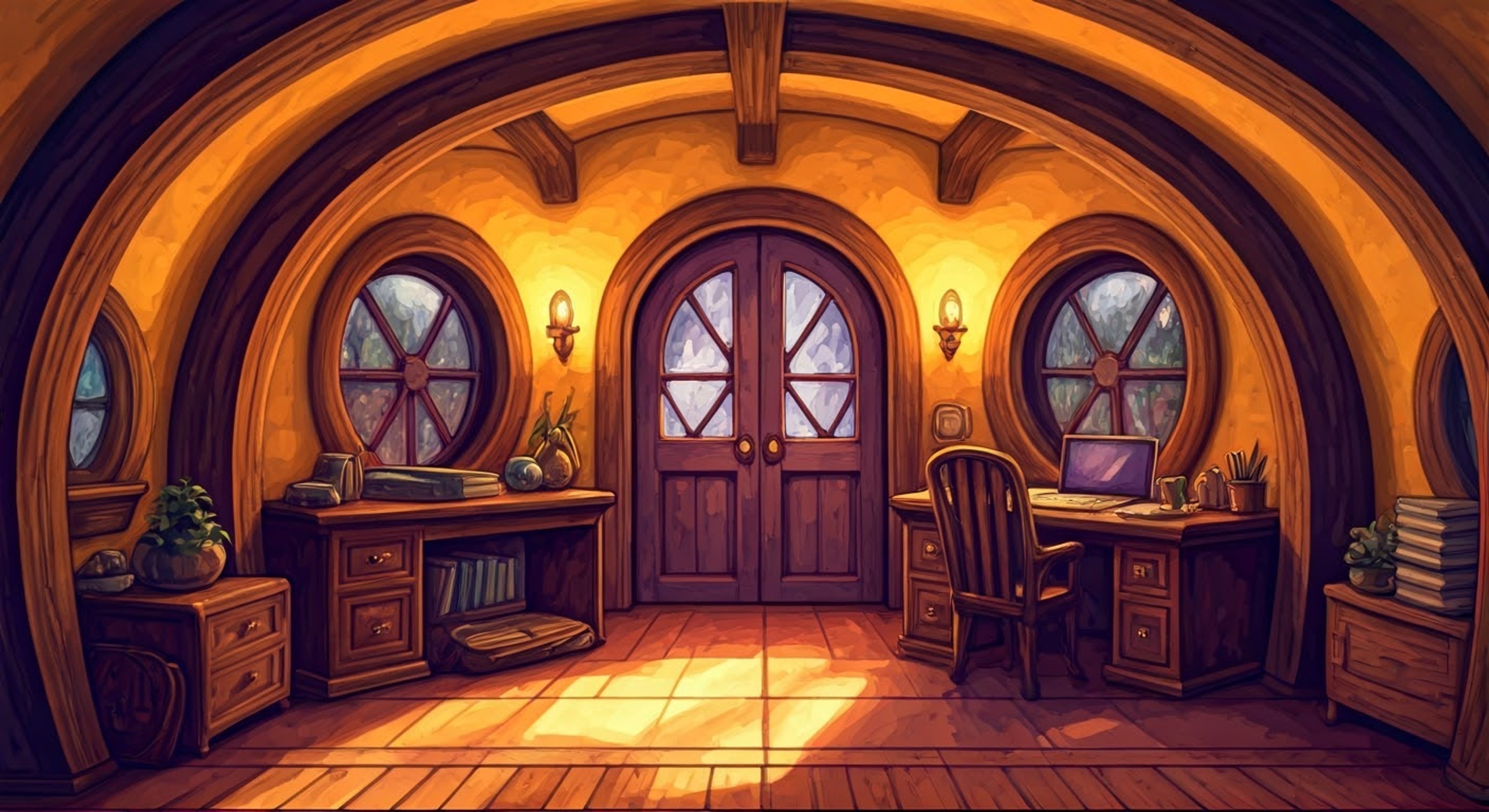 You find yourself in need of navigating a complex supernatural system, fortunate to have an experienced administrator guide you through the process. Her hobbit-inspired home provides a comforting backdrop as she explains the intricacies of your situation with practiced patience and genuine care. The purple accents throughout her space create a soothing atmosphere as she maintains her professional composure while showing true compassion for your circumstances.