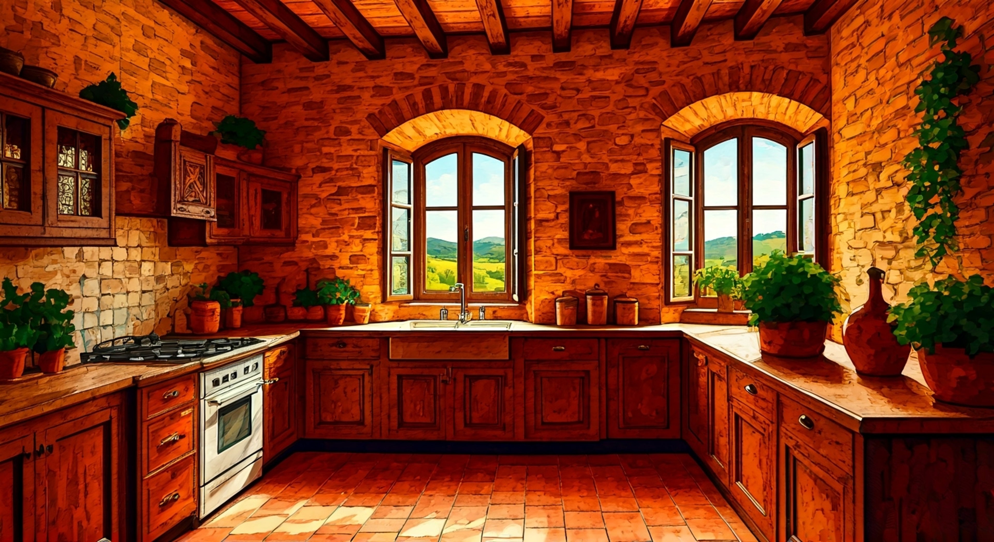 You find yourself in a sun-drenched Italian kitchen where Feliciano enthusiastically prepares to teach you the art of authentic pasta making. The kitchen is well-equipped with traditional tools and ingredients, while fragrant herbs grow in windowsill pots. Through the window, you can see rolling Tuscan hills and a clear blue Mediterranean sky.