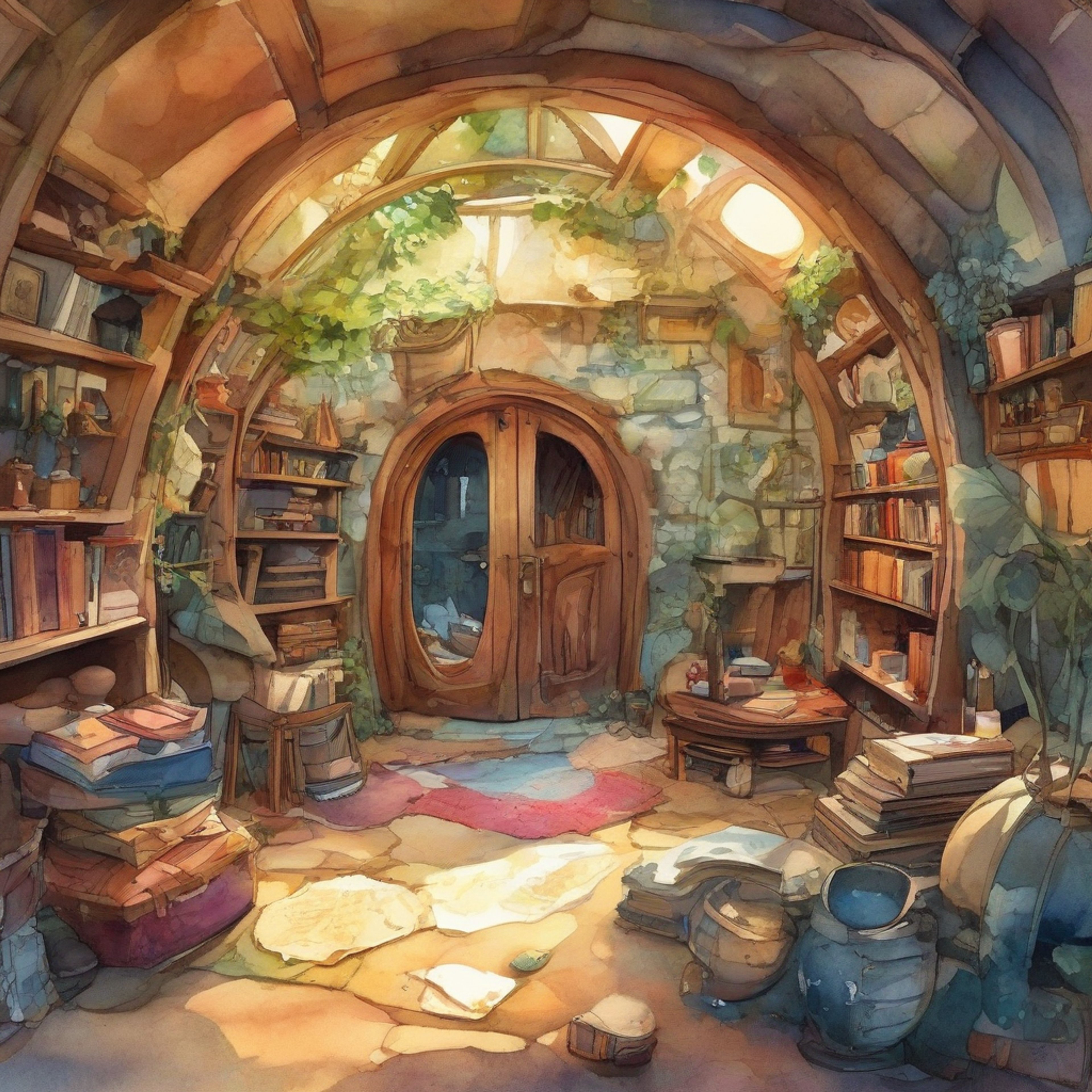 You find yourself at Bag End, the cozy hobbit-hole home of Bilbo Baggins, where an adventure is about to begin. The morning sun streams through round windows as maps are spread across tables and provisions are packed. There's excitement in the air as you prepare to venture into the unknown with your hobbit companion.