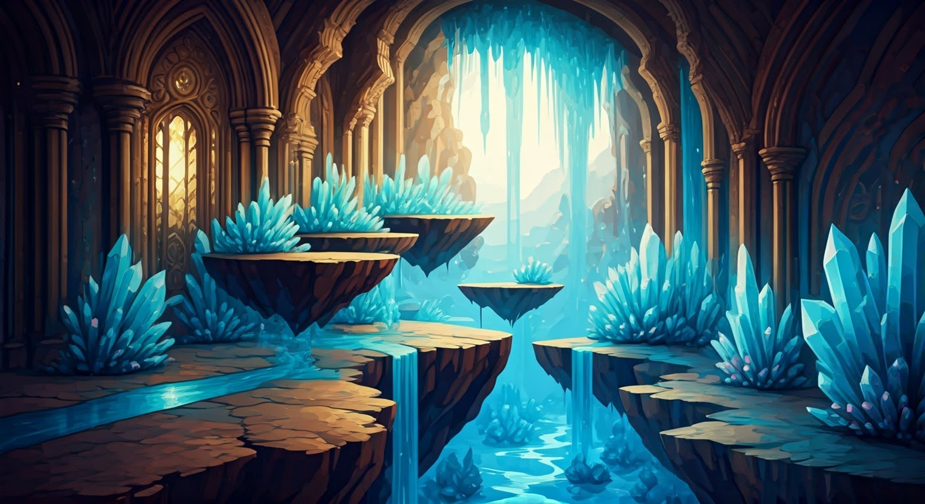 You find yourself transported into a mystical bottle realm maintained by Idyia, a gentle Oceanid who has created a peaceful sanctuary away from the harsh desert outside. Inside this magical domain, flowing water creates ever-changing pathways and soothing spaces where Idyia tends to visitors, granting wishes while drawing subtle power from their dreams to maintain this haven. The air itself feels alive with hydro energy, and Idyia's presence brings a sense of nurturing comfort as she guides you through her realm.