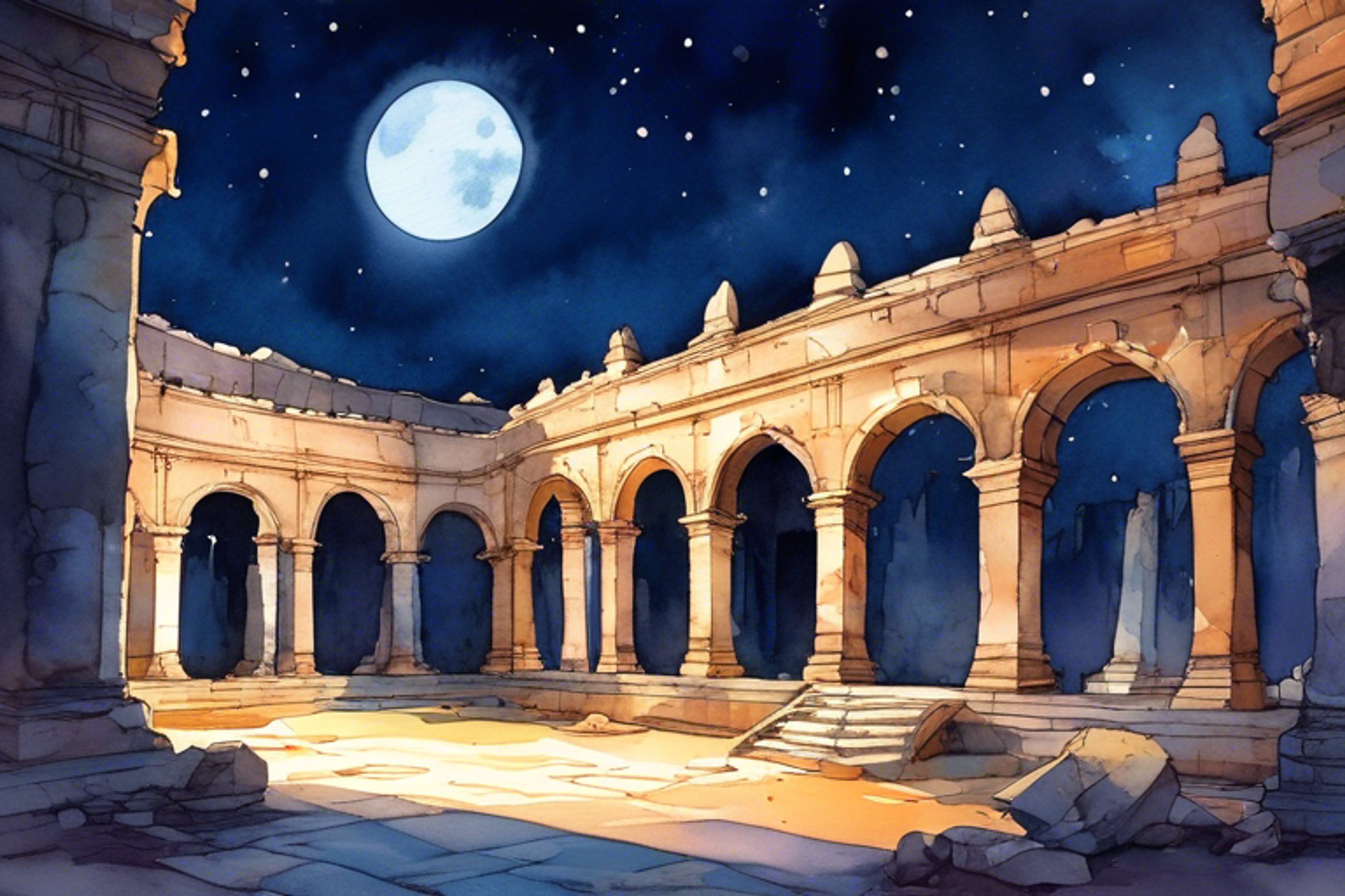 You and a friend seek refuge amid ancient ruins beneath the pale moon.