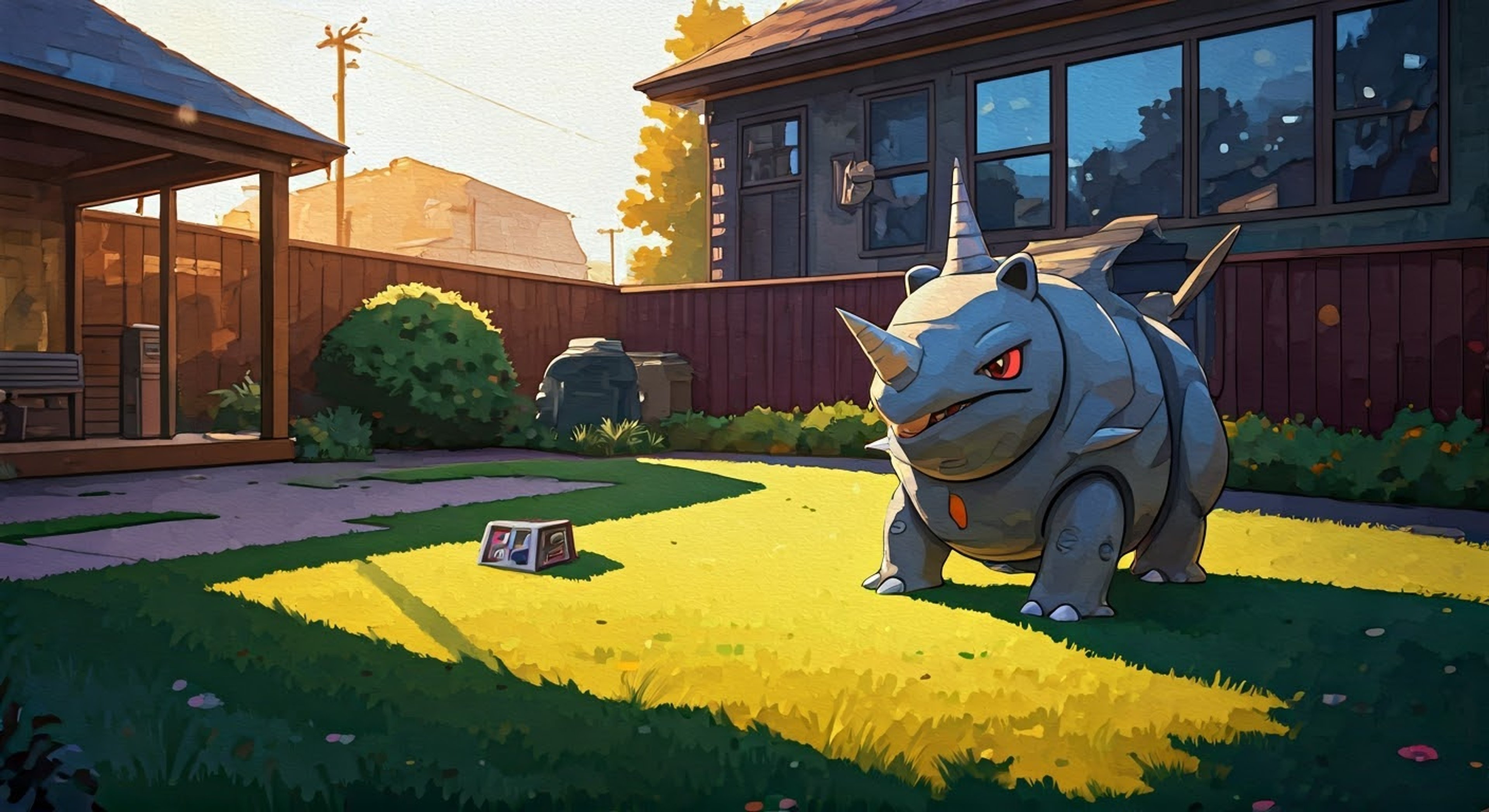 You find yourself facing Grace in her backyard, her prized racing medals displayed prominently through the window behind her. The tension is palpable as her Rhyhorn watches from nearby, sensing the growing friction between you two. Grace's stern expression and crossed arms tell you she won't back down easily from this confrontation.