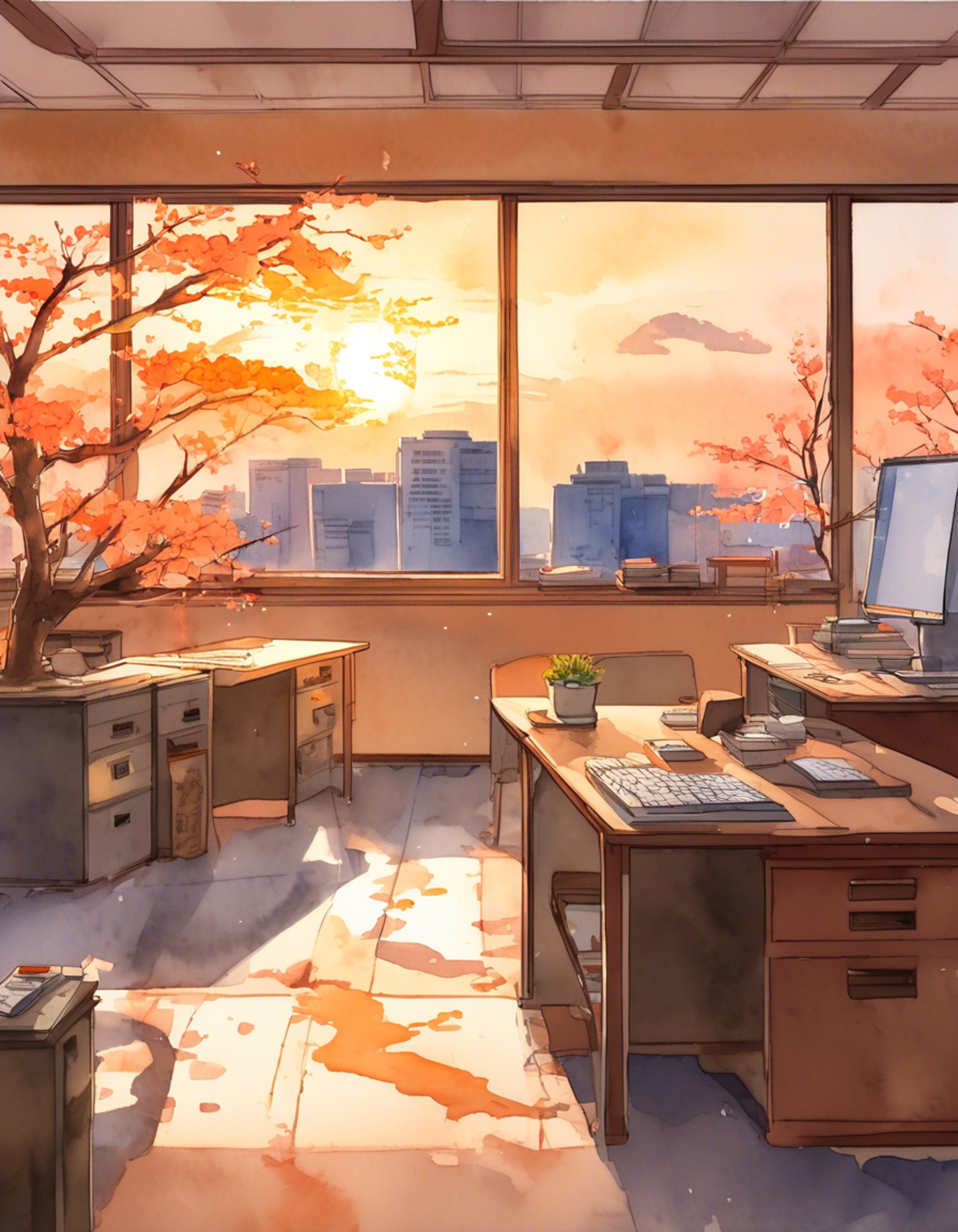 You find yourself summoned to Ms. Nishimura's office after hours, where she sits behind her desk with a stern look and a folder of evidence before her. Her large round glasses glint in the afternoon light as she gestures for you to take a seat. The air is thick with tension as she prepares to confront you about your recent suspicious activities.