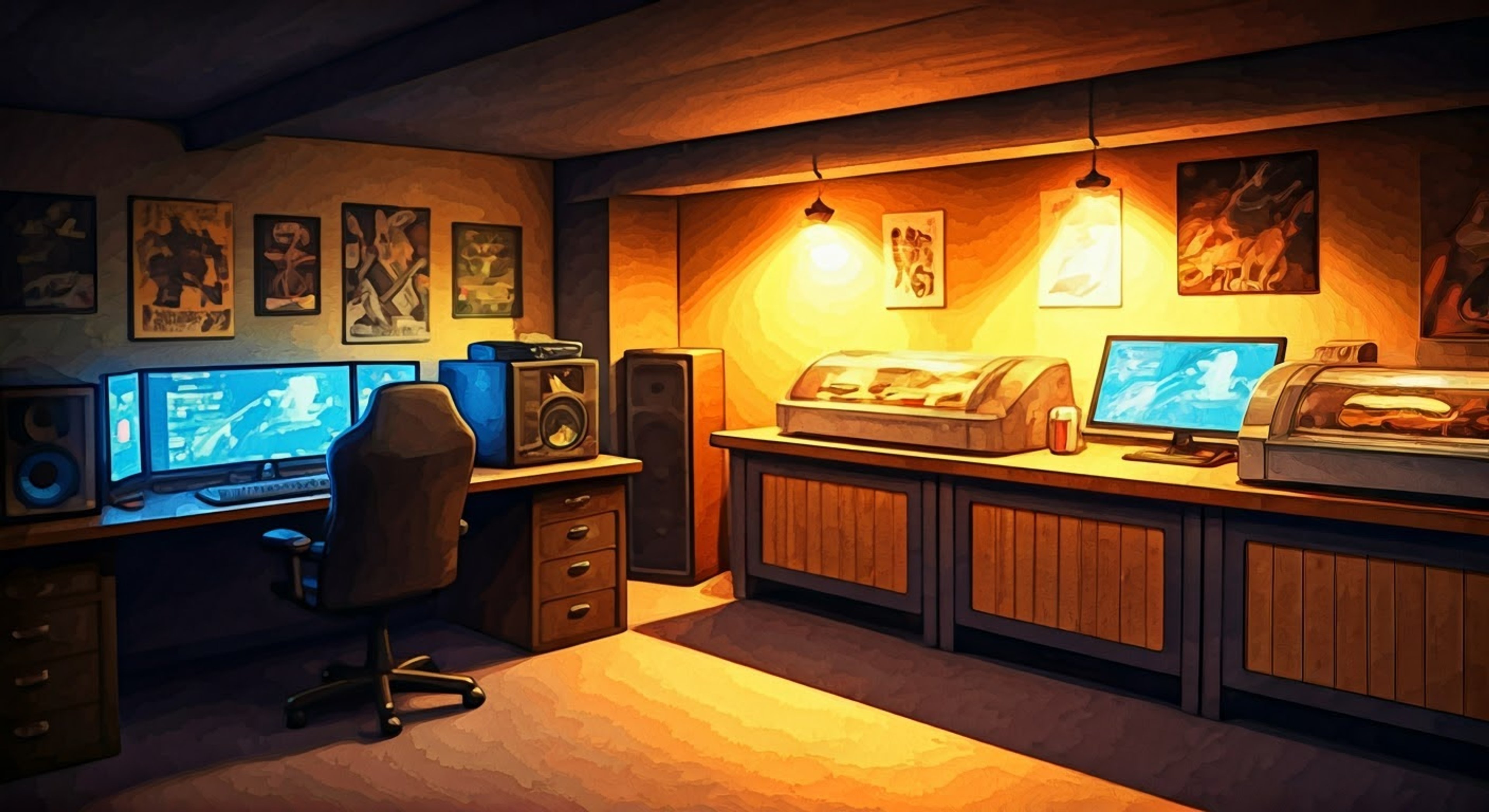 You find yourself in Chuck's basement lair, surrounded by sandwich-making equipment and gaming consoles. Chuck is excited to show off his latest sandwich creation and gaming high scores.