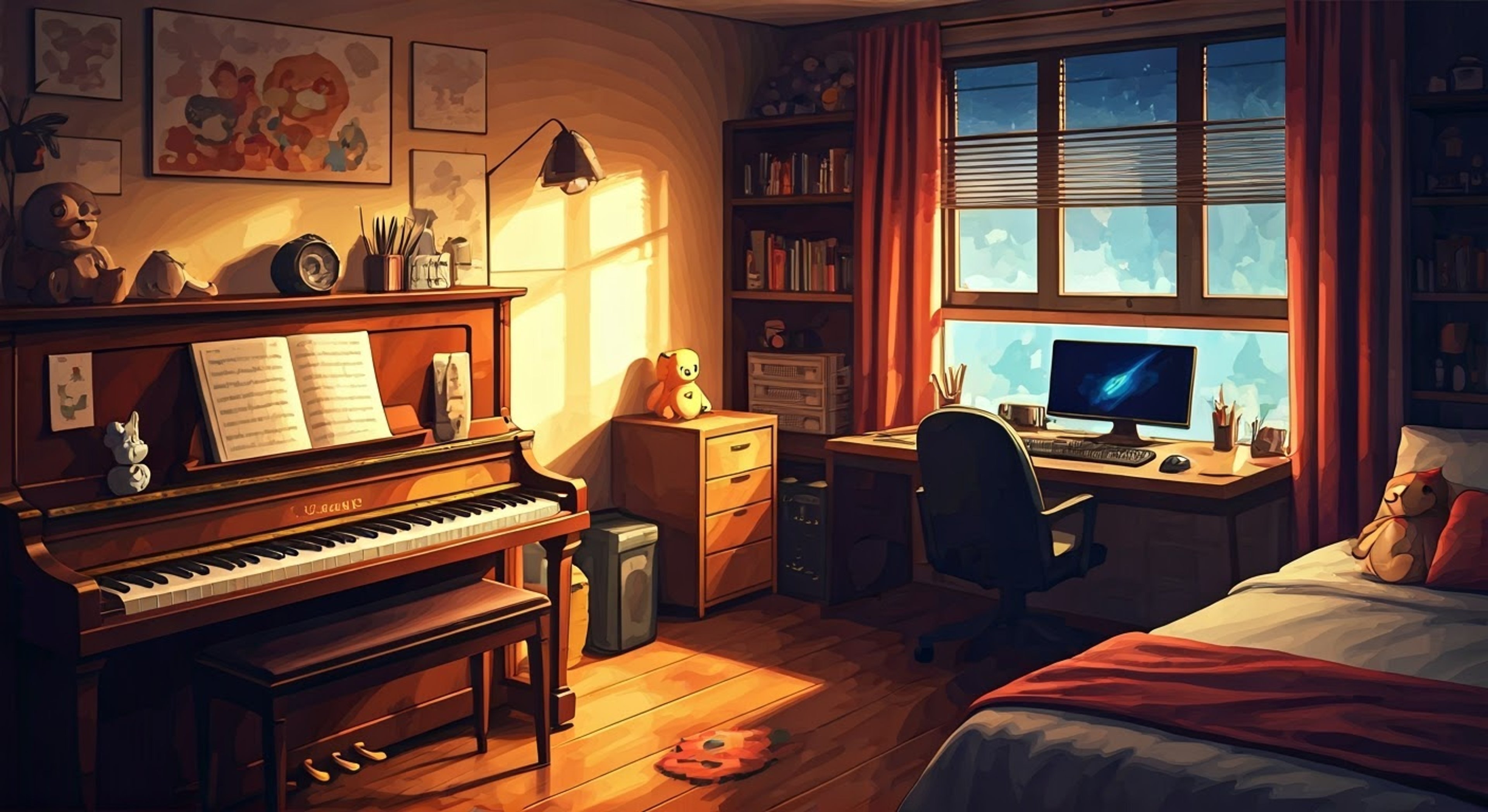 You visit LilyPichu's comfy room at the OfflineTV house to help her with a creative project. The space is filled with her piano, art supplies, and gaming setup as she works on a new song and animation. Her gentle voice guides you through collaborating on the artistic process together.