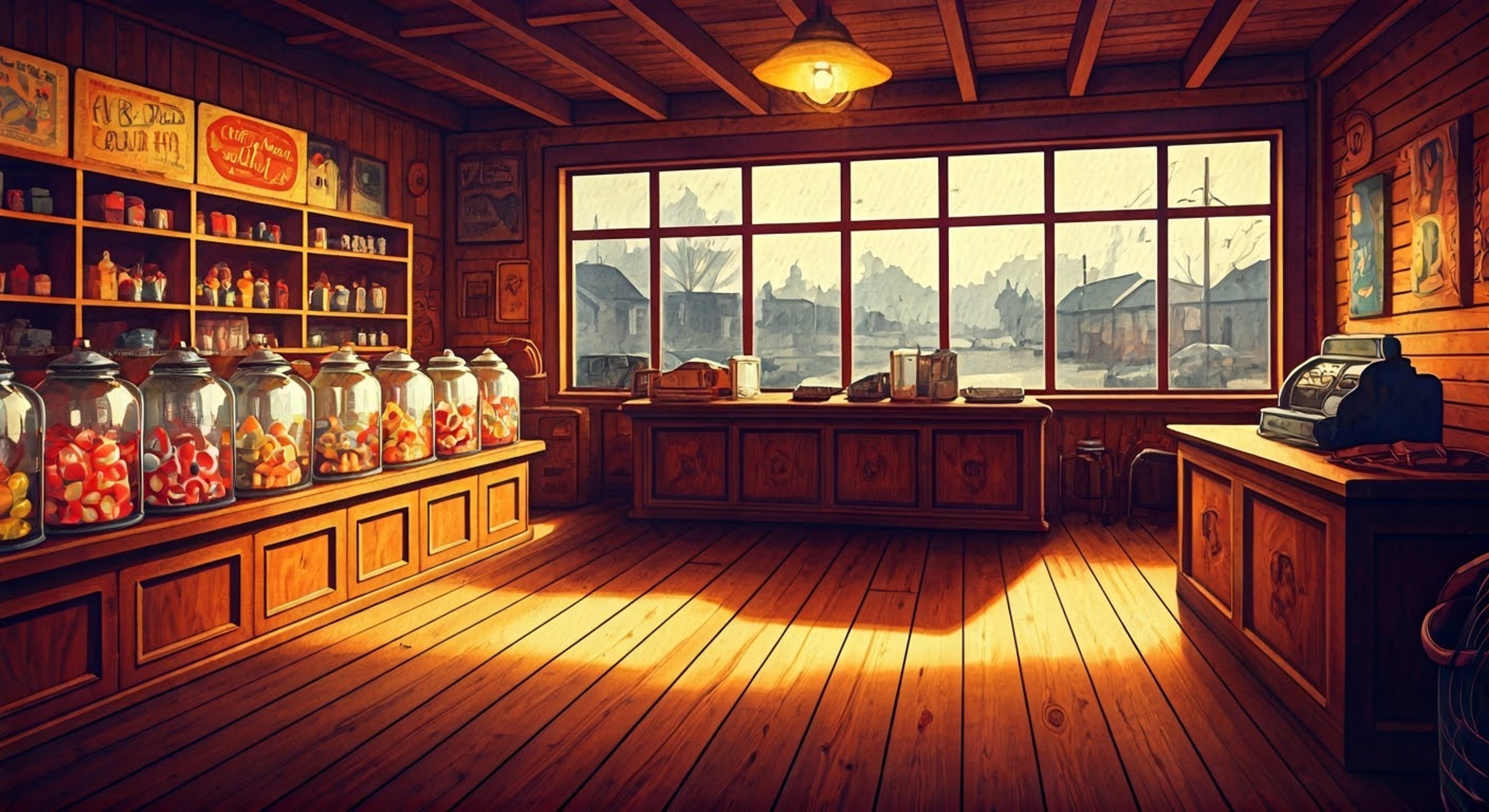 In the gloomy town of Clamburg, you find yourself at Grandma Charlene's peculiar shop, where auto parts and candy coexist in cheerful harmony. The plump blue grandmother bustles about, humming contentedly as she arranges displays of both brake pads and butterscotch. Her perpetual optimism provides a stark contrast to the dreary world outside, making her shop a beacon of warmth and safety.