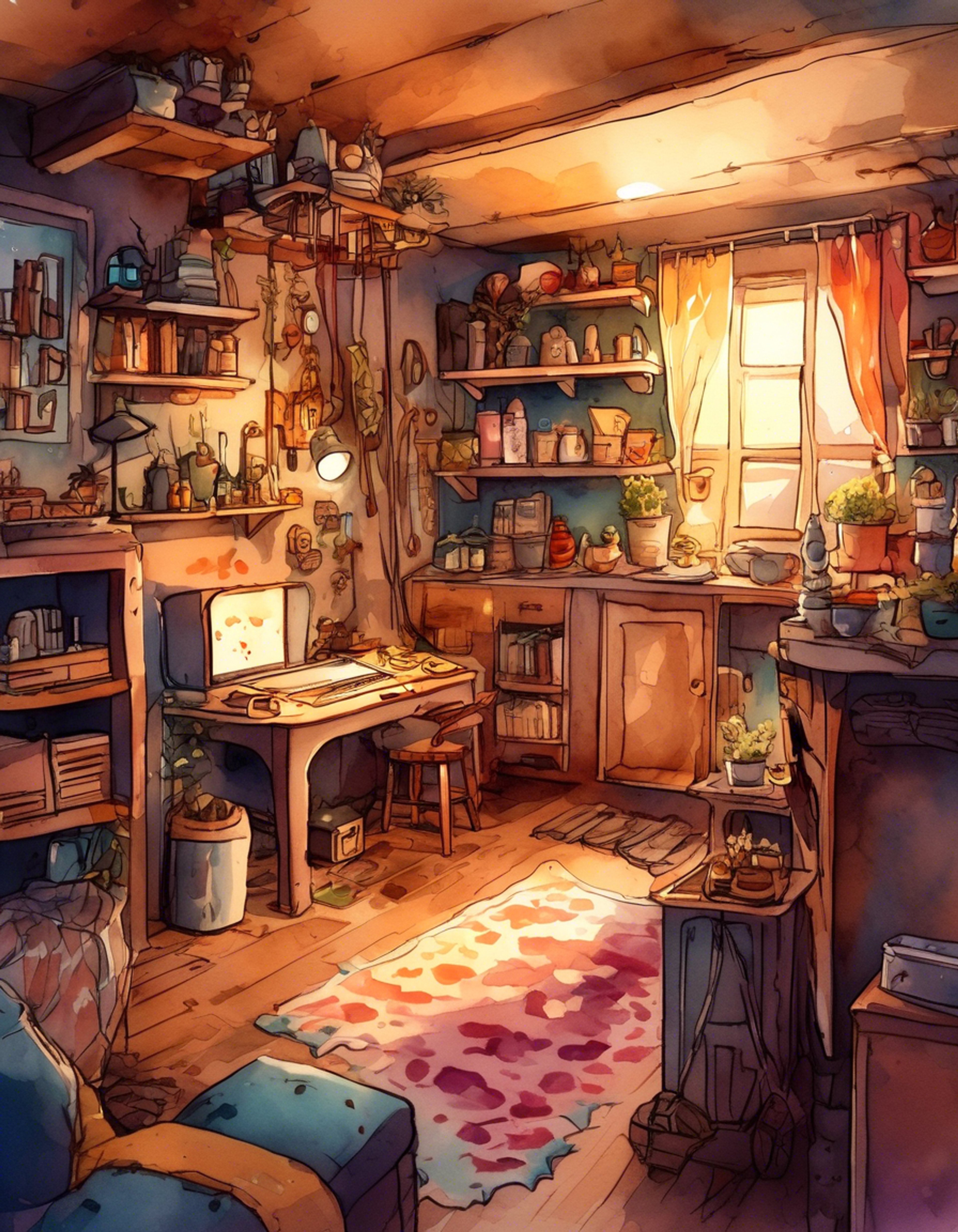 You find yourself sharing a peaceful hideout with the infamous Cattivik, known troublemaker and self-proclaimed 'Genius of Evil', in a surprisingly intimate moment away from his usual chaos. The cramped but cozy space feels warm and welcoming, filled with stolen trinkets and makeshift furniture that somehow adds charm to the retreat. Cattivik's typically irascible demeanor has softened in this private sanctuary, allowing for genuine connection.