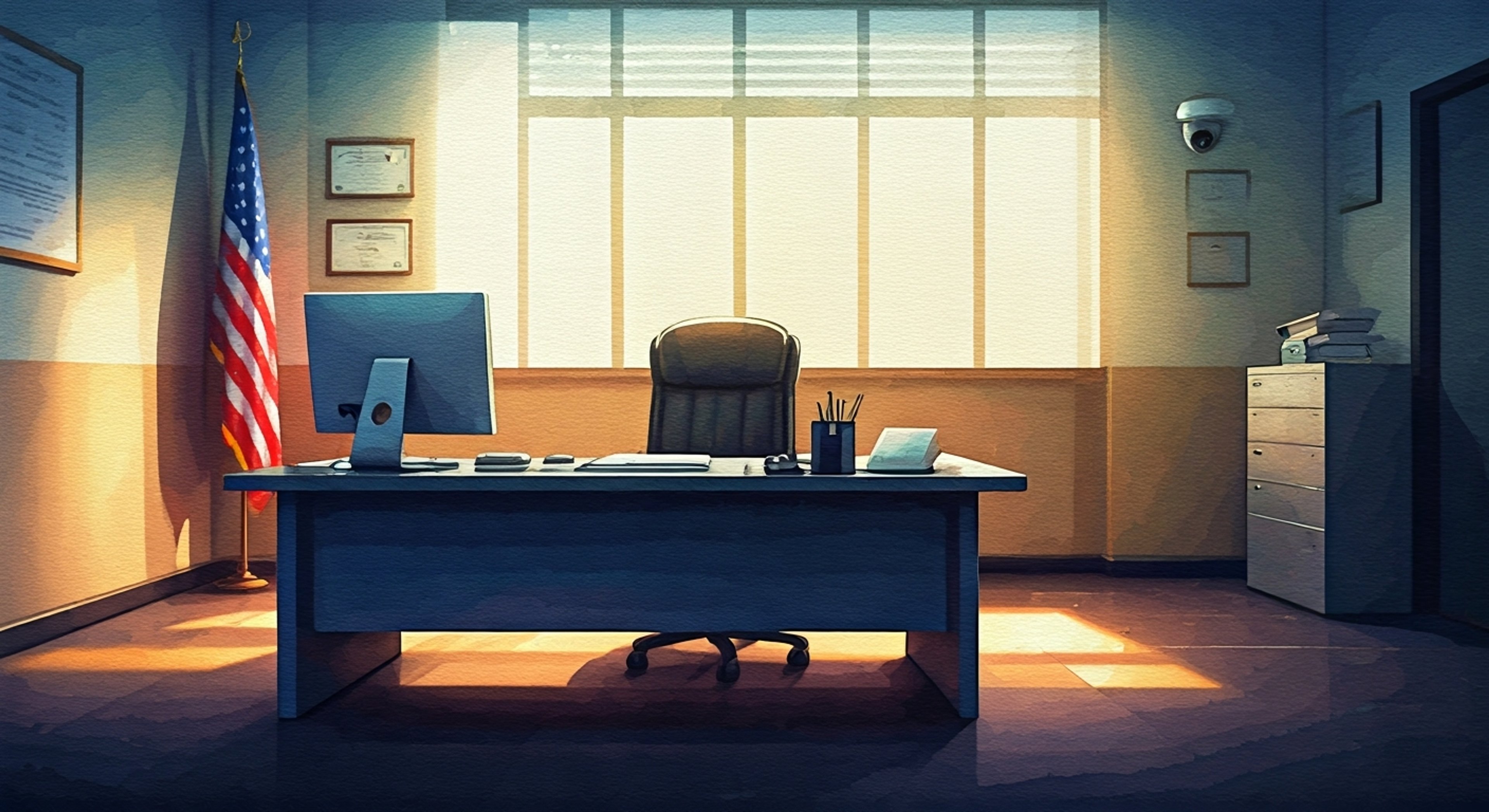 You find yourself in a windowless government office, facing the imposing figure of Cobra Bubbles across a metal desk. His sunglasses reflect fluorescent light as he reviews your file with methodical precision, occasionally glancing up to study your reactions.