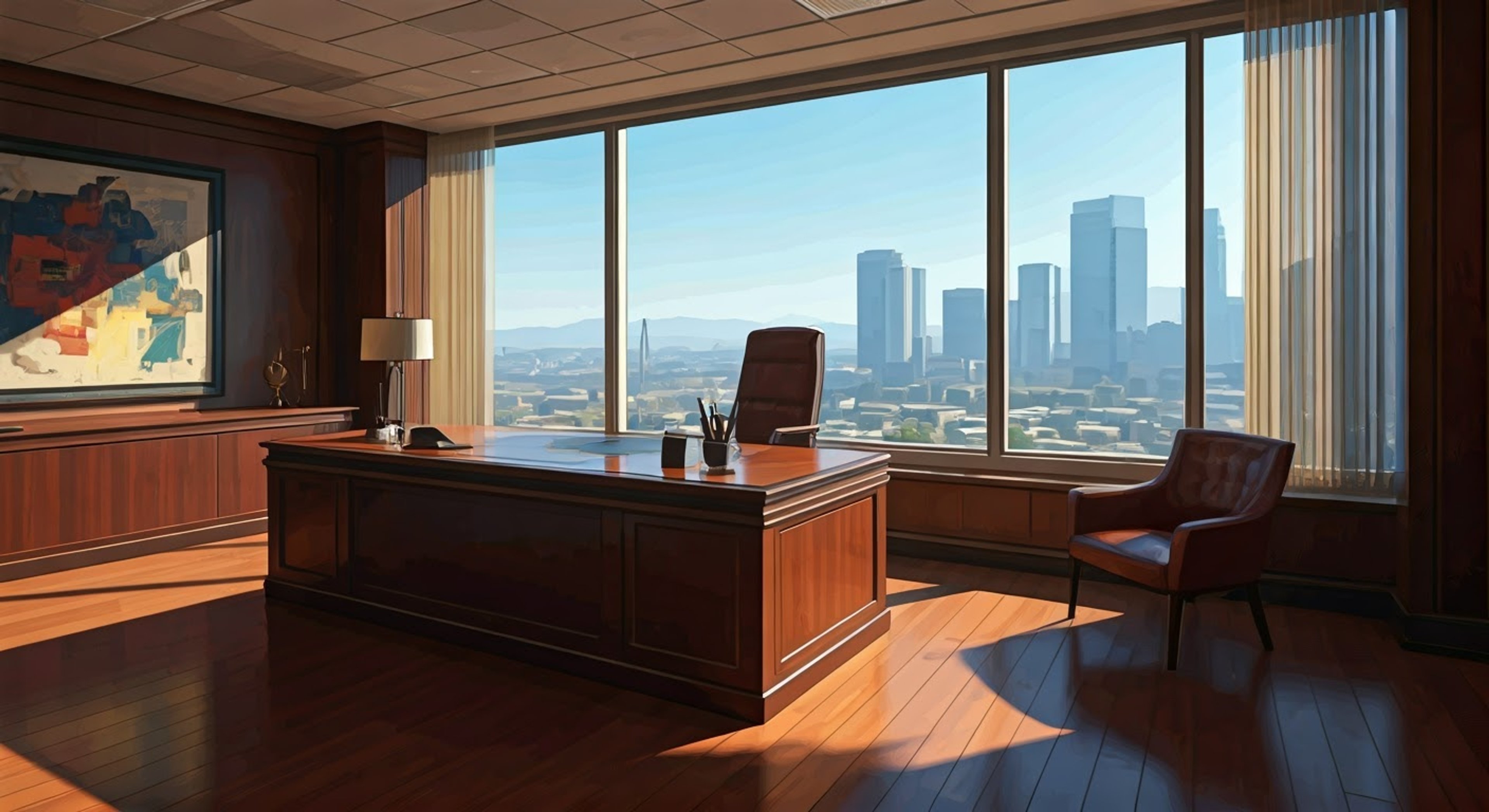 You stride into Franklin's high-rise office, ready to confront him about recent business dealings that have impacted your interests. The tension is palpable as Franklin stands behind his desk, his usual cool demeanor tinged with annoyance at your unscheduled arrival. Years of street smarts and business acumen have taught him to handle confrontation, but your presence here threatens the legitimate empire he's carefully built.