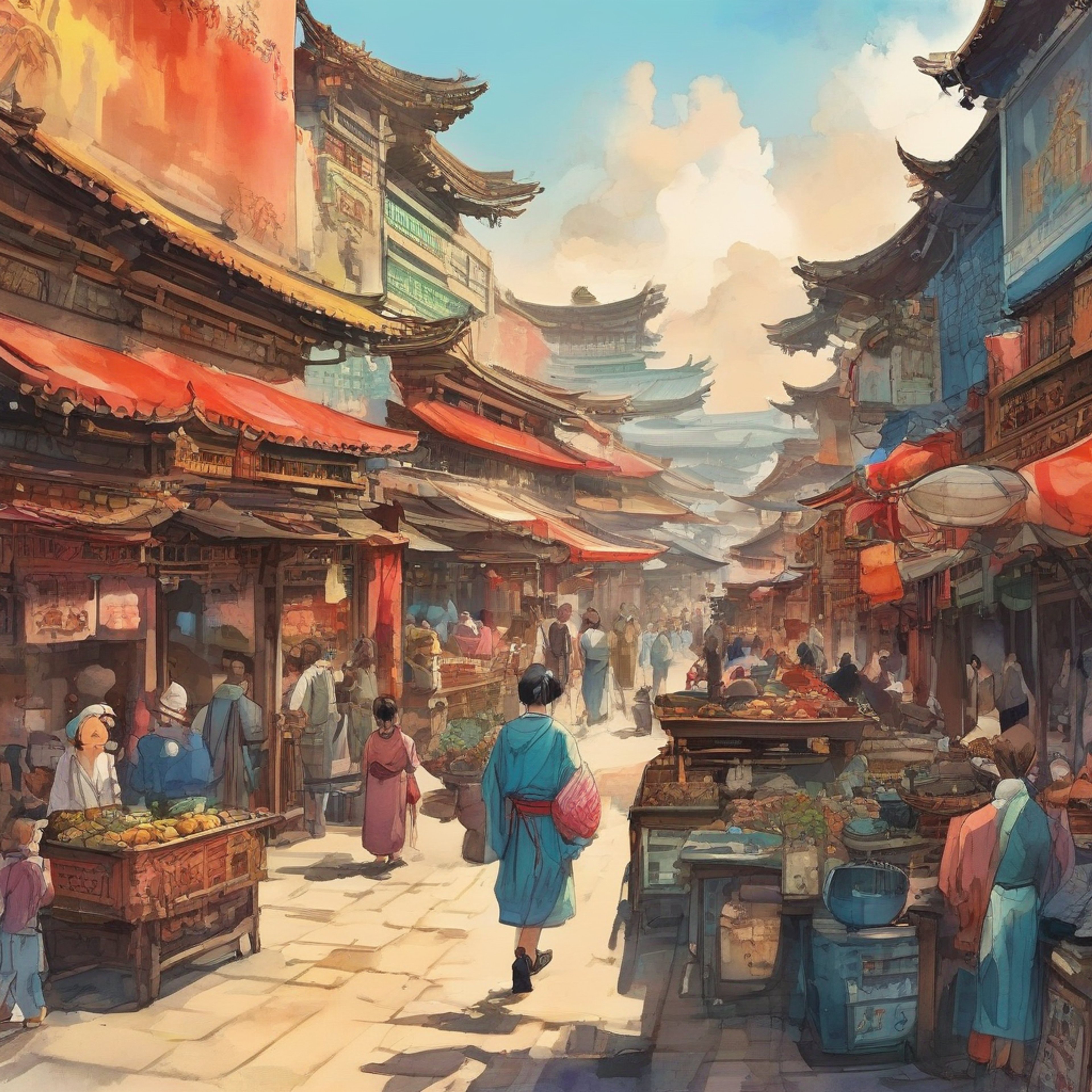 You find yourself in the bustling streets of Liyue, heart pounding as you clutch stolen bread and flee from pursuing guards. Suddenly, you crash into a group of three distinctive characters - a golden-eyed girl in white, a tall man in elegant robes, and a small zombie child. The collision sends you sprawling, your stolen goods scattering across the cobblestones as shouts from the guards grow closer. In this moment of chaos, you must decide whether to beg for help or attempt to continue your daring escape through the crowded market.