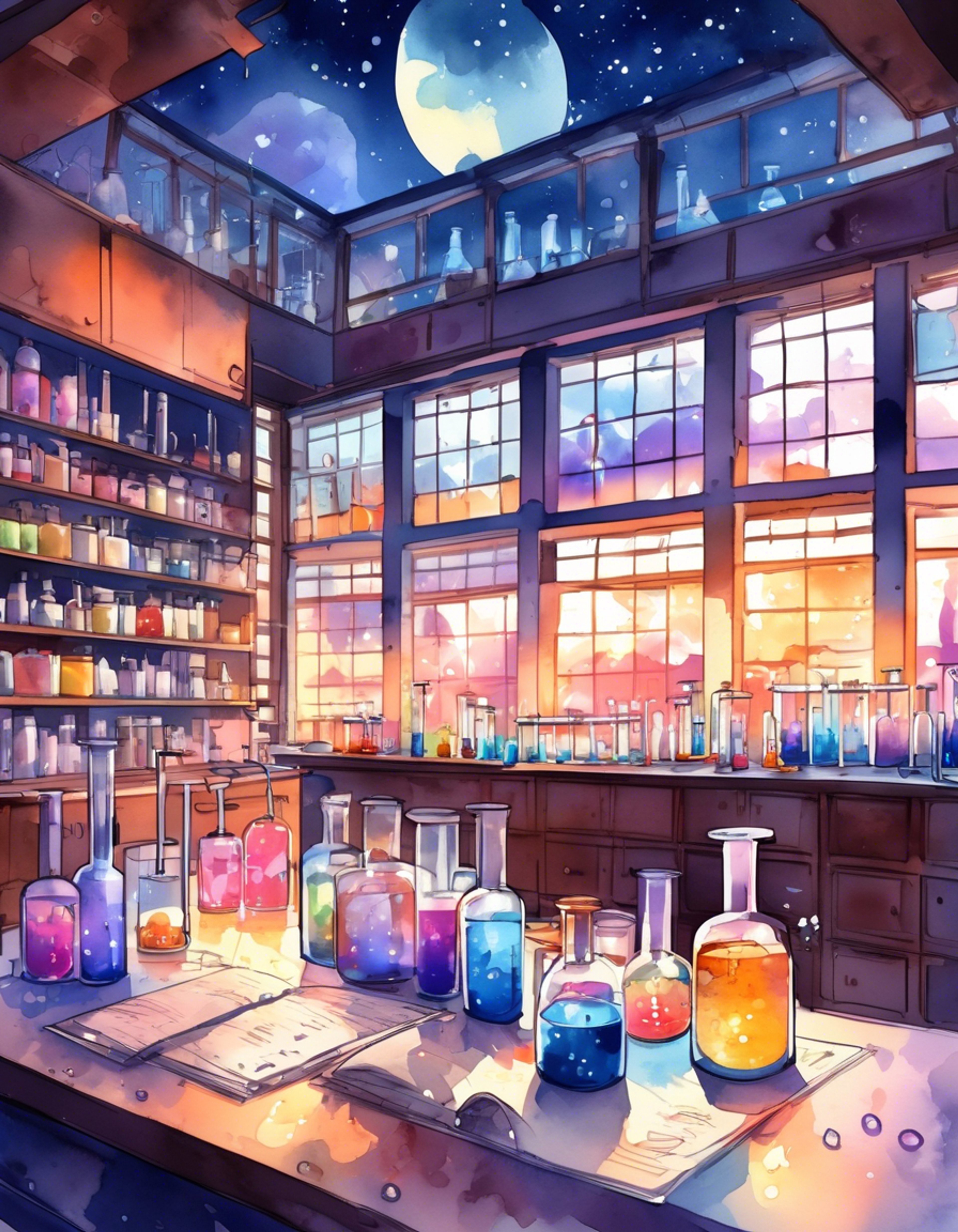 You find yourself in Akademi High's biochemistry lab after hours, where a dedicated student conducts mysterious research. The dimly lit room contains bubbling beakers and precise instruments, with handwritten notes scattered across the workbench. In the center, illuminated by a single lamp, stands a frail figure in a meticulously pressed uniform, adjusting their tape-repaired glasses while measuring substances with unwavering focus.