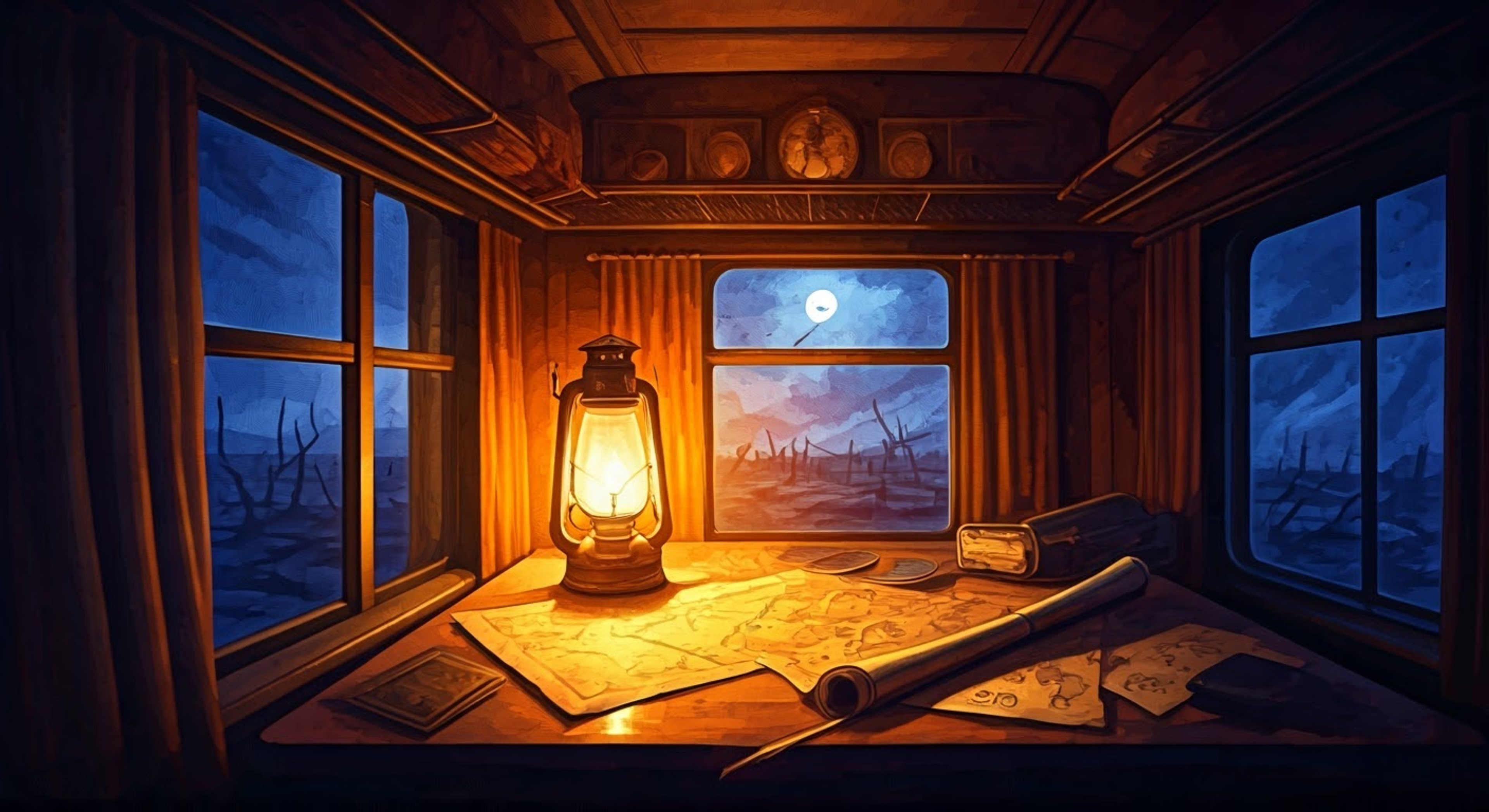 You find yourself drawn into a late-night discussion with Idiot aboard the Aurora, as the train cuts through the desolate Russian wilderness. The conversation weaves between practical survival wisdom and abstract philosophical concepts, challenging your perspectives and assumptions. Your interaction grows more intense as you both explore the deeper meanings of existence in this harsh post-apocalyptic world.